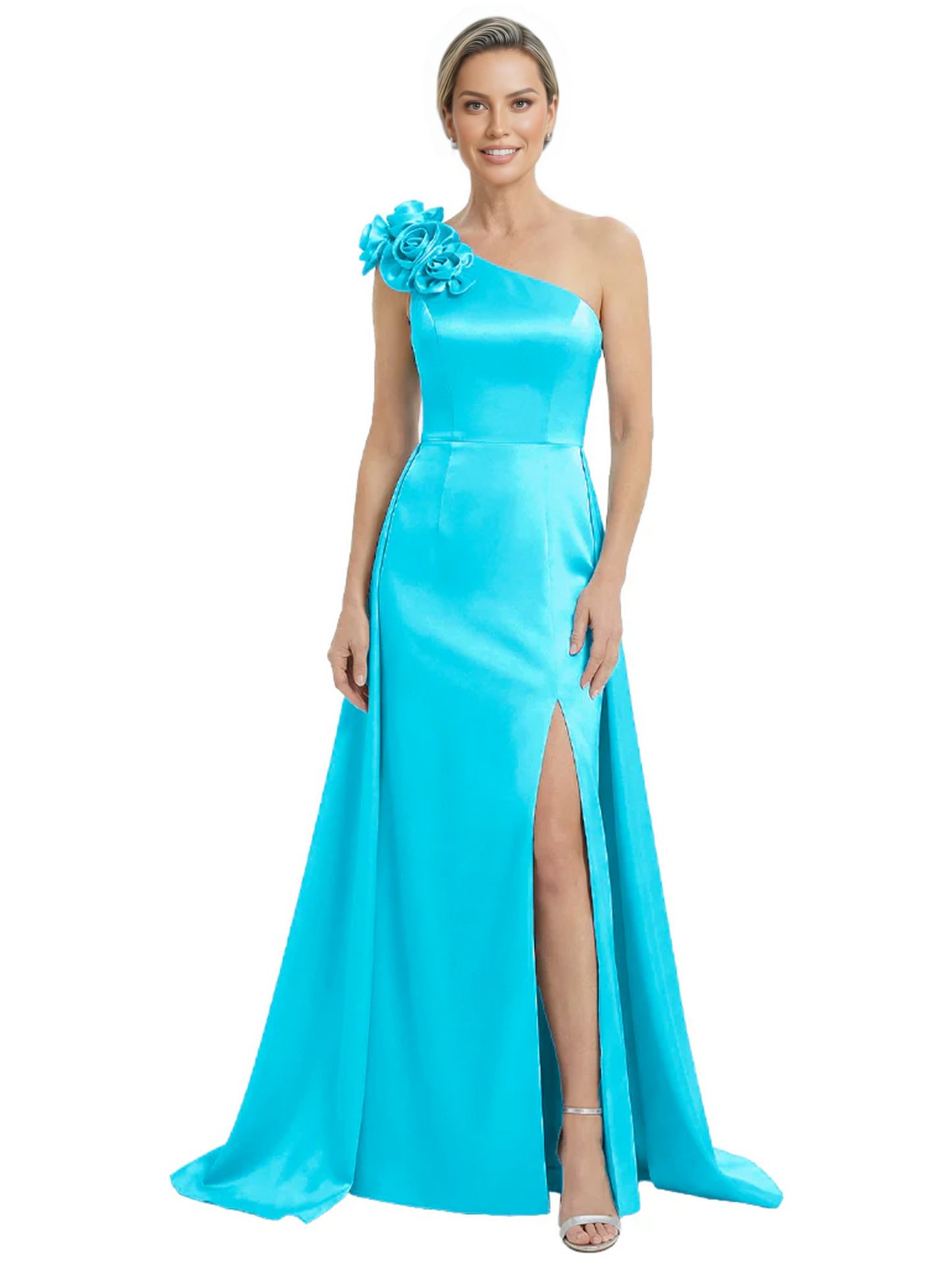 One Shoulder Mother of the Bride Dress with 3D Floral Detail Formal Dress A-Line Gowns with Slit