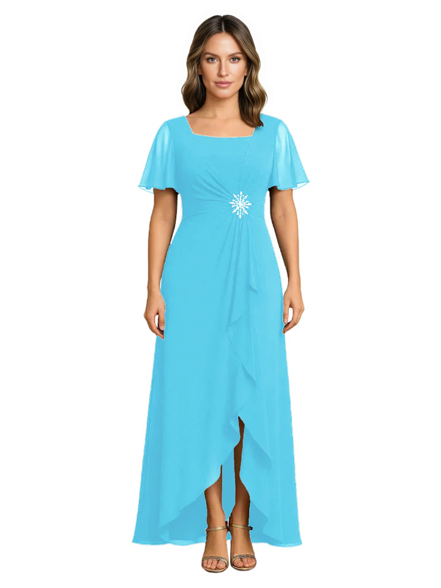 Formal High-Low Mother of the Bride Gown Sleeved Chiffon Maxi Dress Ruched Waist