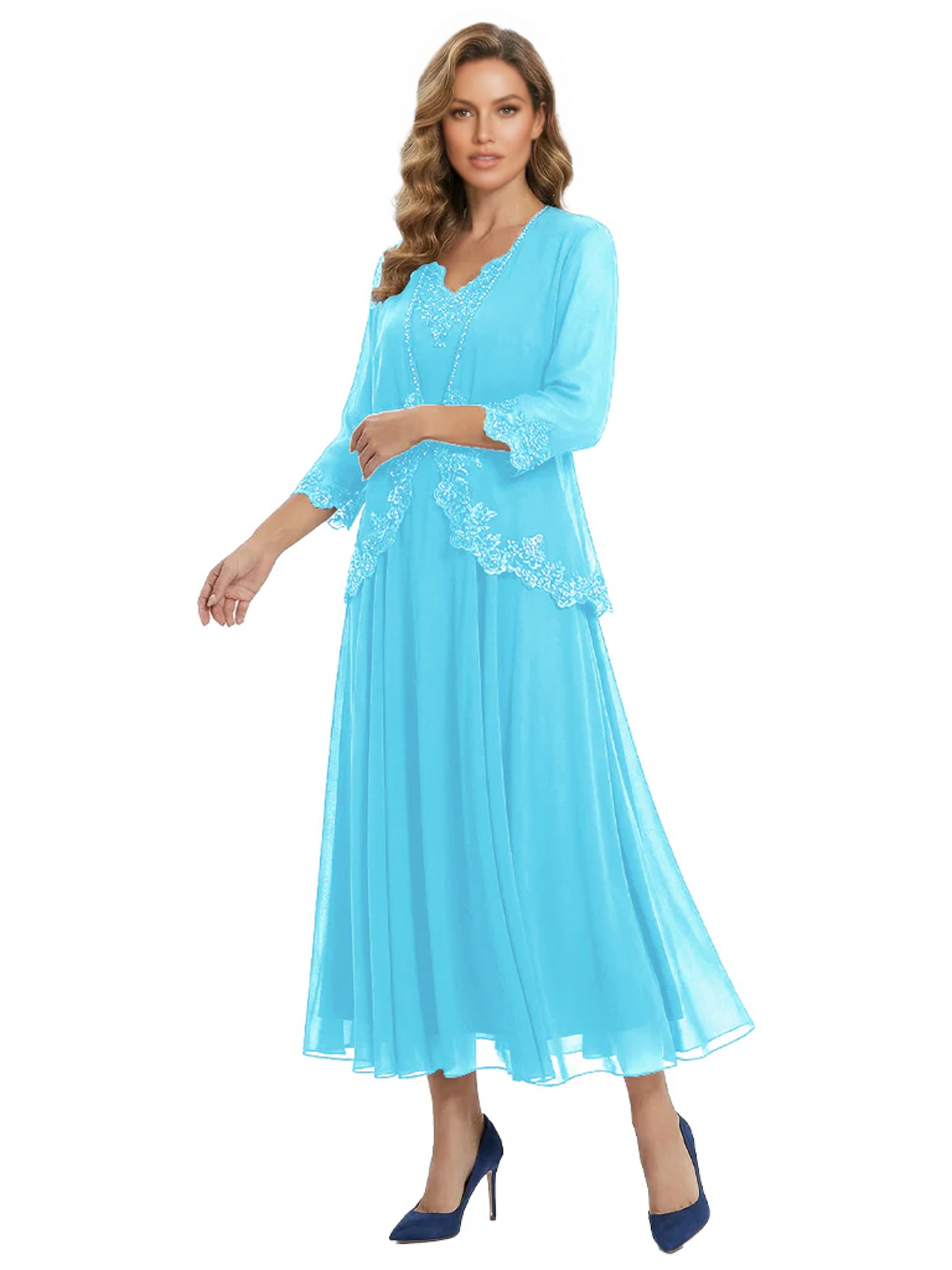 3/4 Sleeve Chiffon Mother of the Brides Dresses V-Neck Wedding Party Gowns