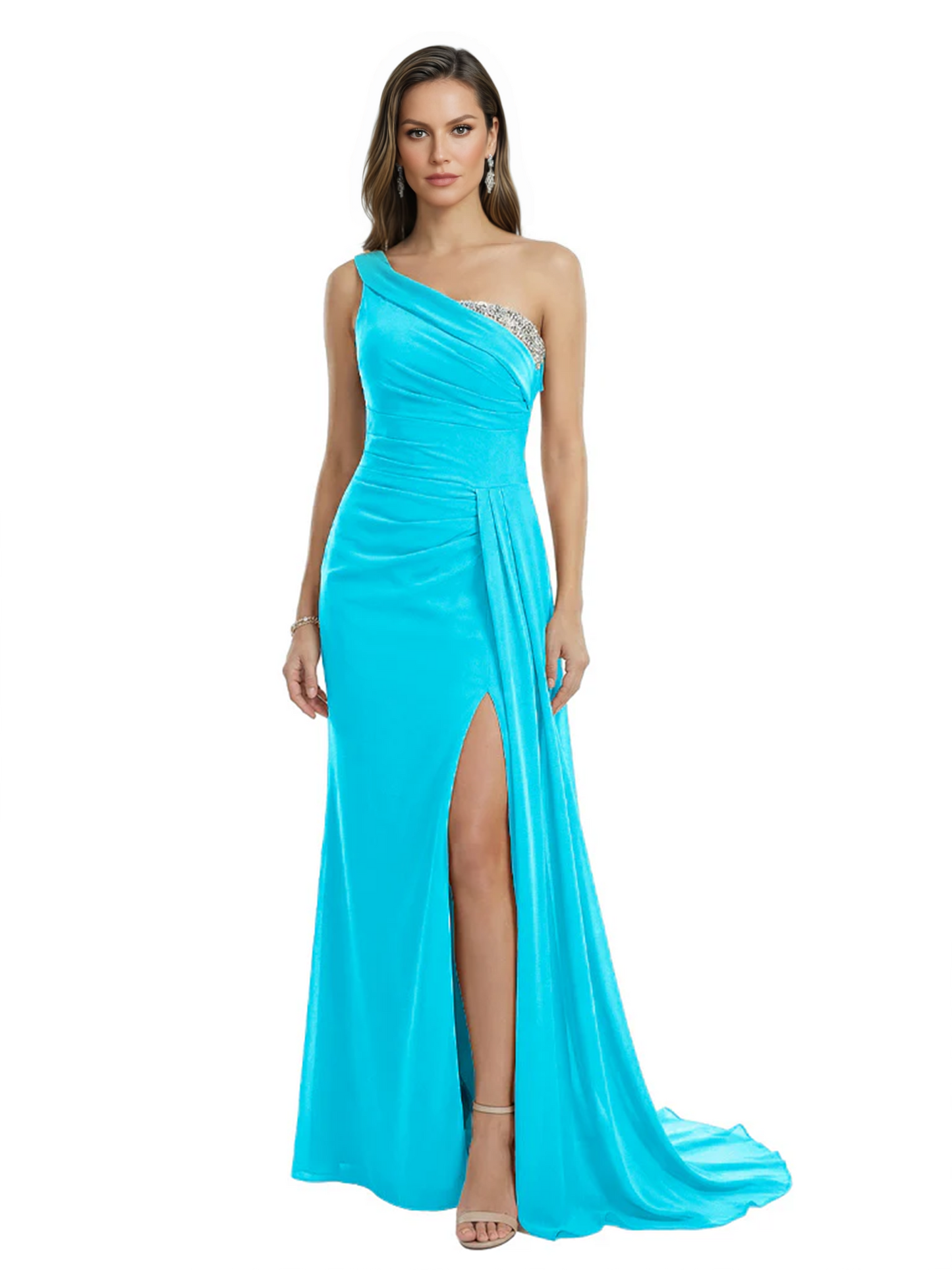 One Shoulder Mother of Bride Dress Ruffle Formal Gowns Mermaid Floor Length Train Slit