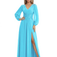A-Line Mother of Bride Dress V-Neck Chiffon Gown Long Sleeves Slit Formal Dress