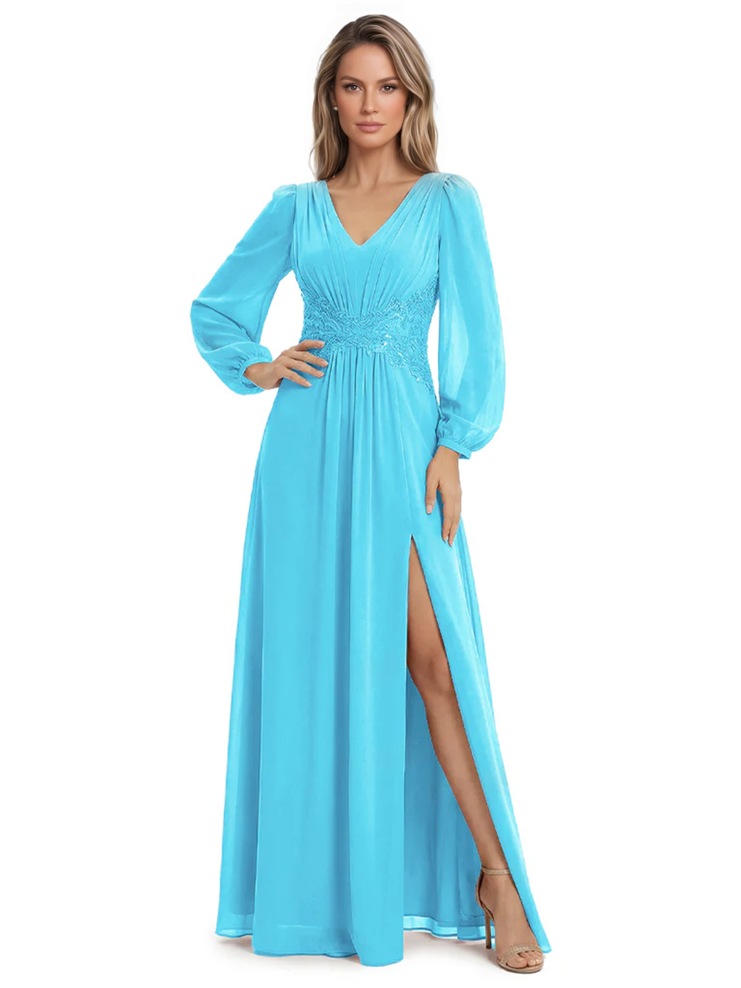 A-Line Mother of Bride Dress V-Neck Chiffon Gown Long Sleeves Slit Formal Dress