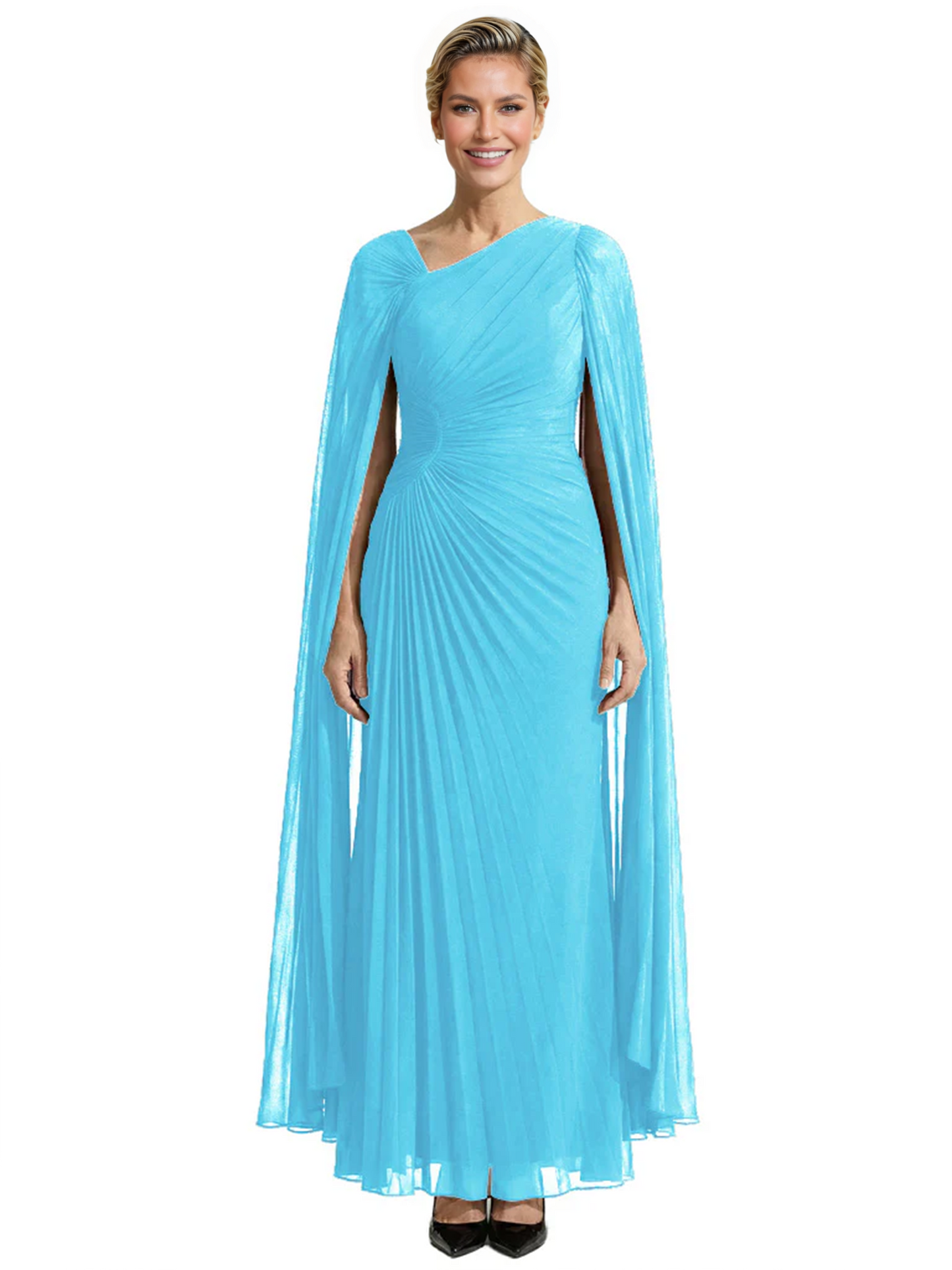 Elegant Asymmetric Neck Long A-Line Chiffon Mother of the Brides Dresses Mom Outfit with Cape