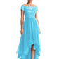 Formal High-Low Mother of the Bride Gown Short Sleeve Lace Maxi Dress with Tiered Skirt