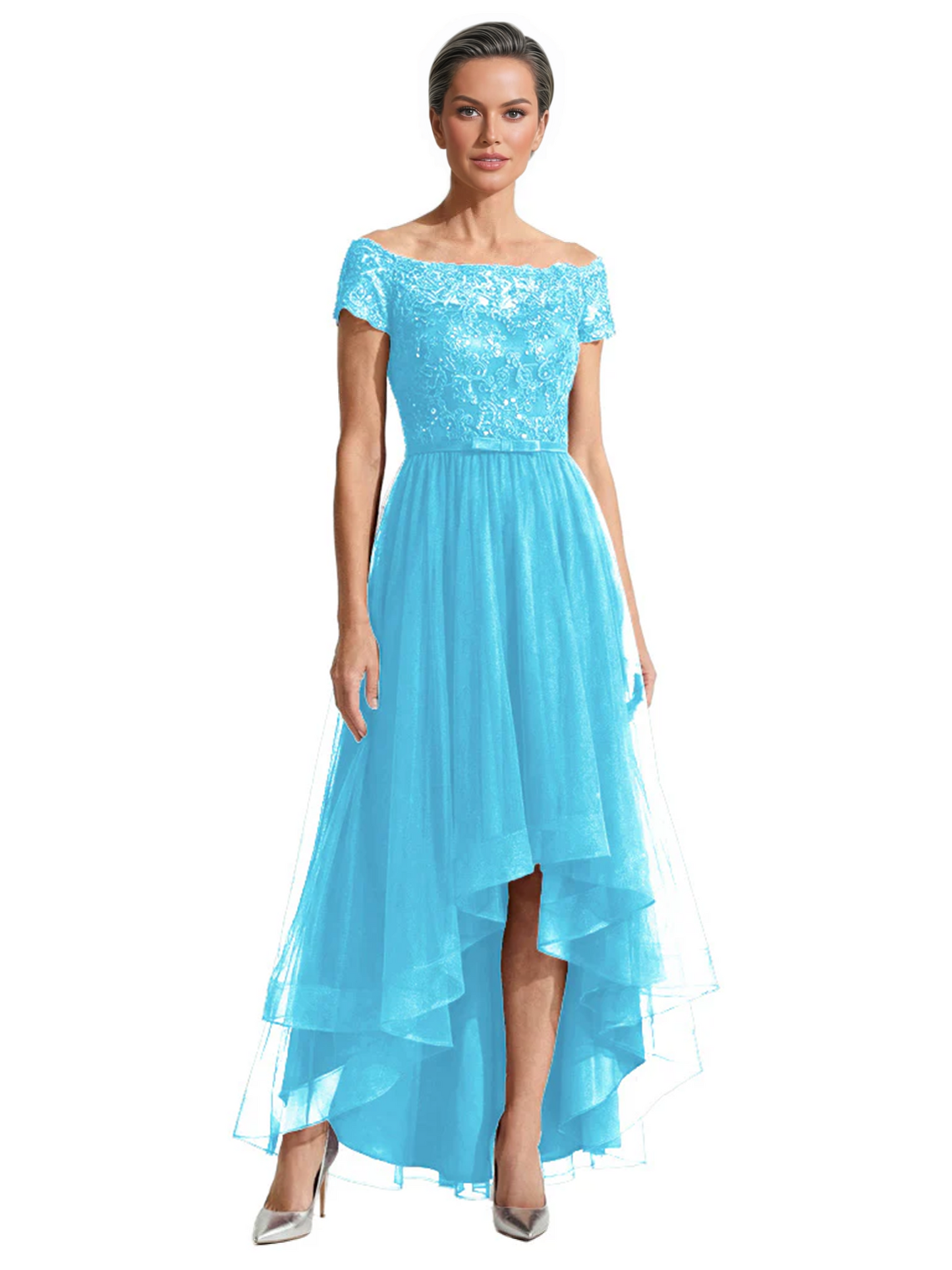 Formal High-Low Mother of the Bride Gown Short Sleeve Lace Maxi Dress with Tiered Skirt