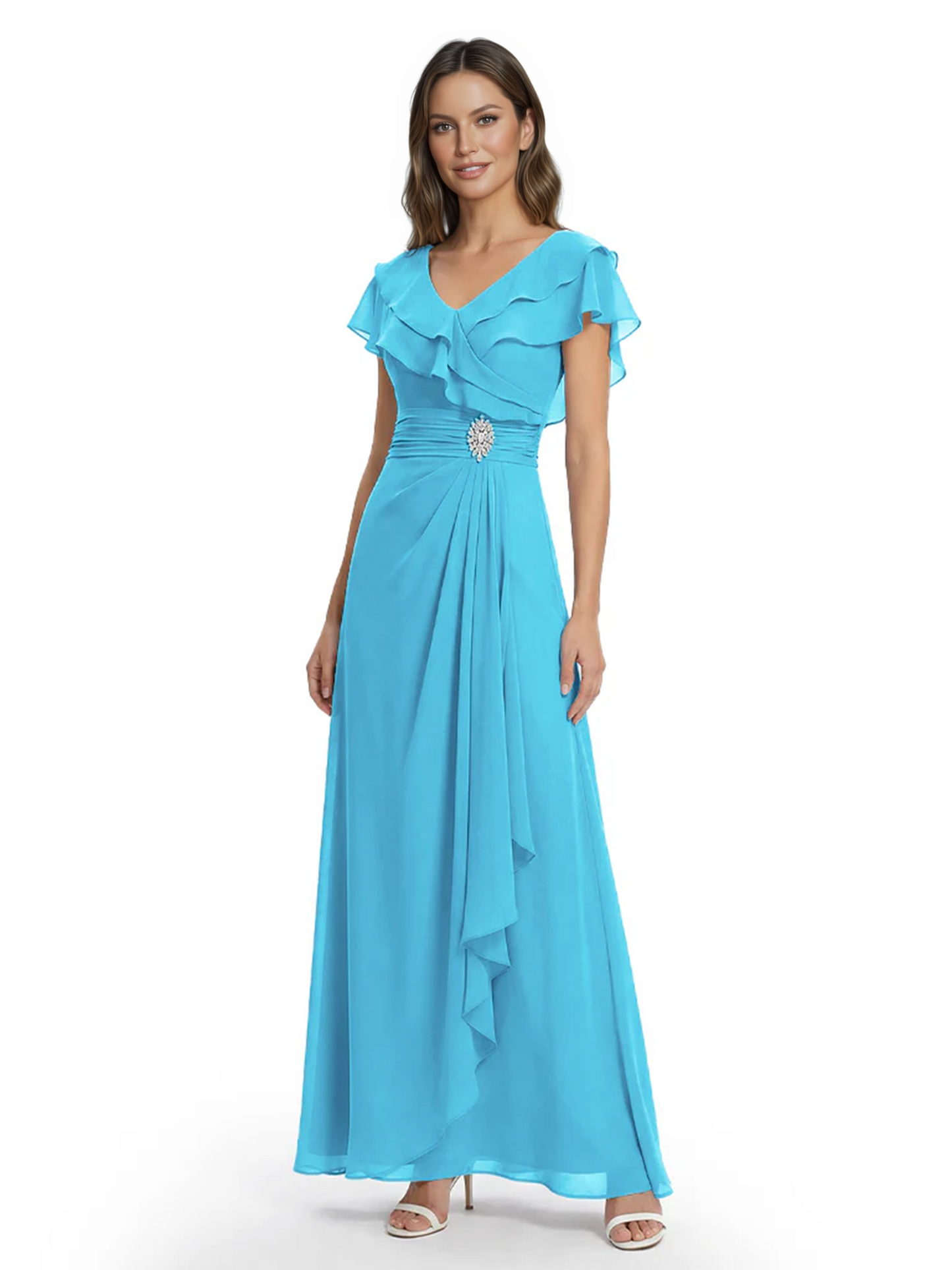 Elegant Mother of the Groom Dress Cascading Ruffle Chiffon Formal Gown Rhinestone