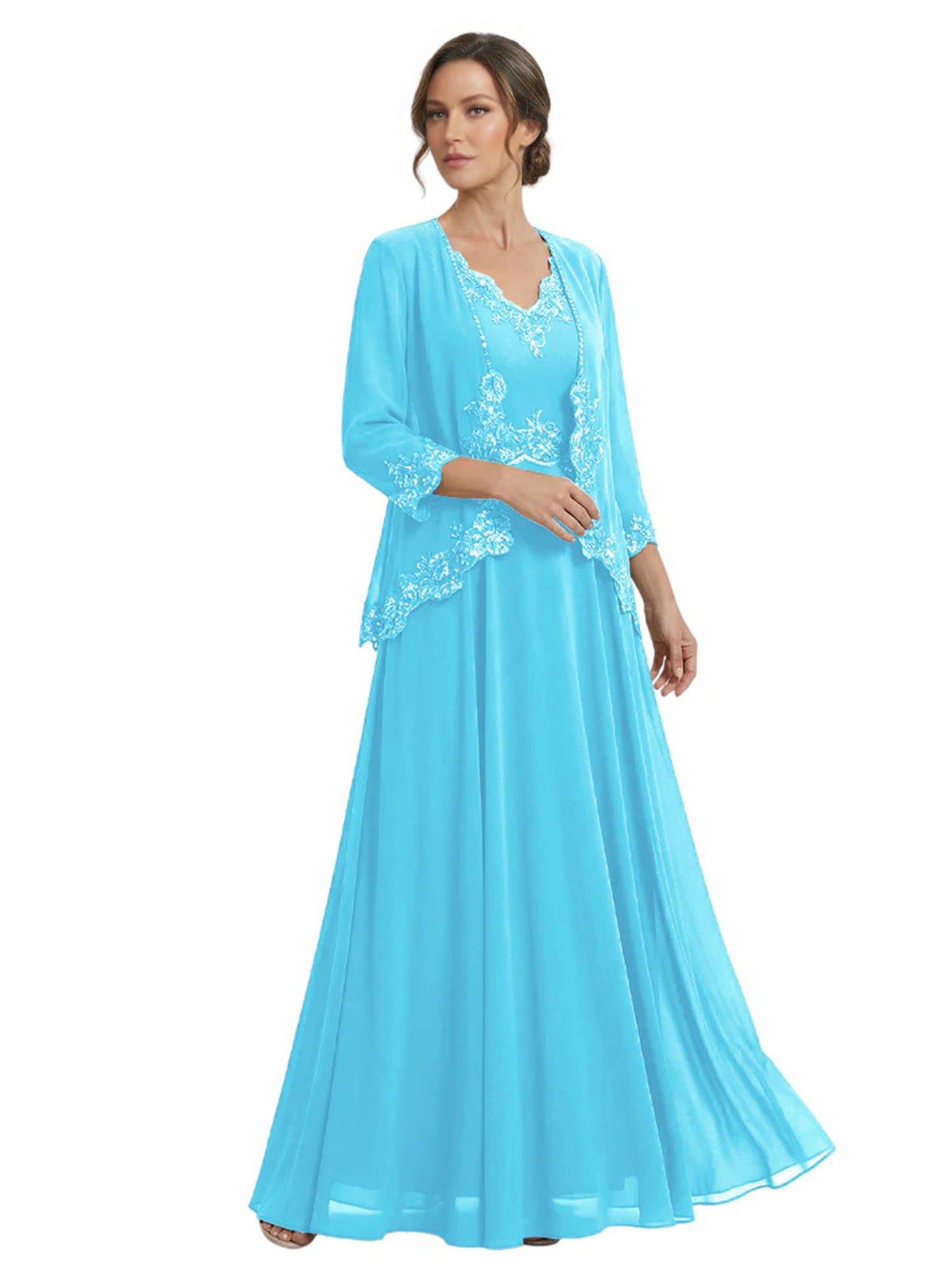 Plus Size A-line Chiffon 3/4 Sleeves Mother of the Brides Dresses Long Jacket Dress