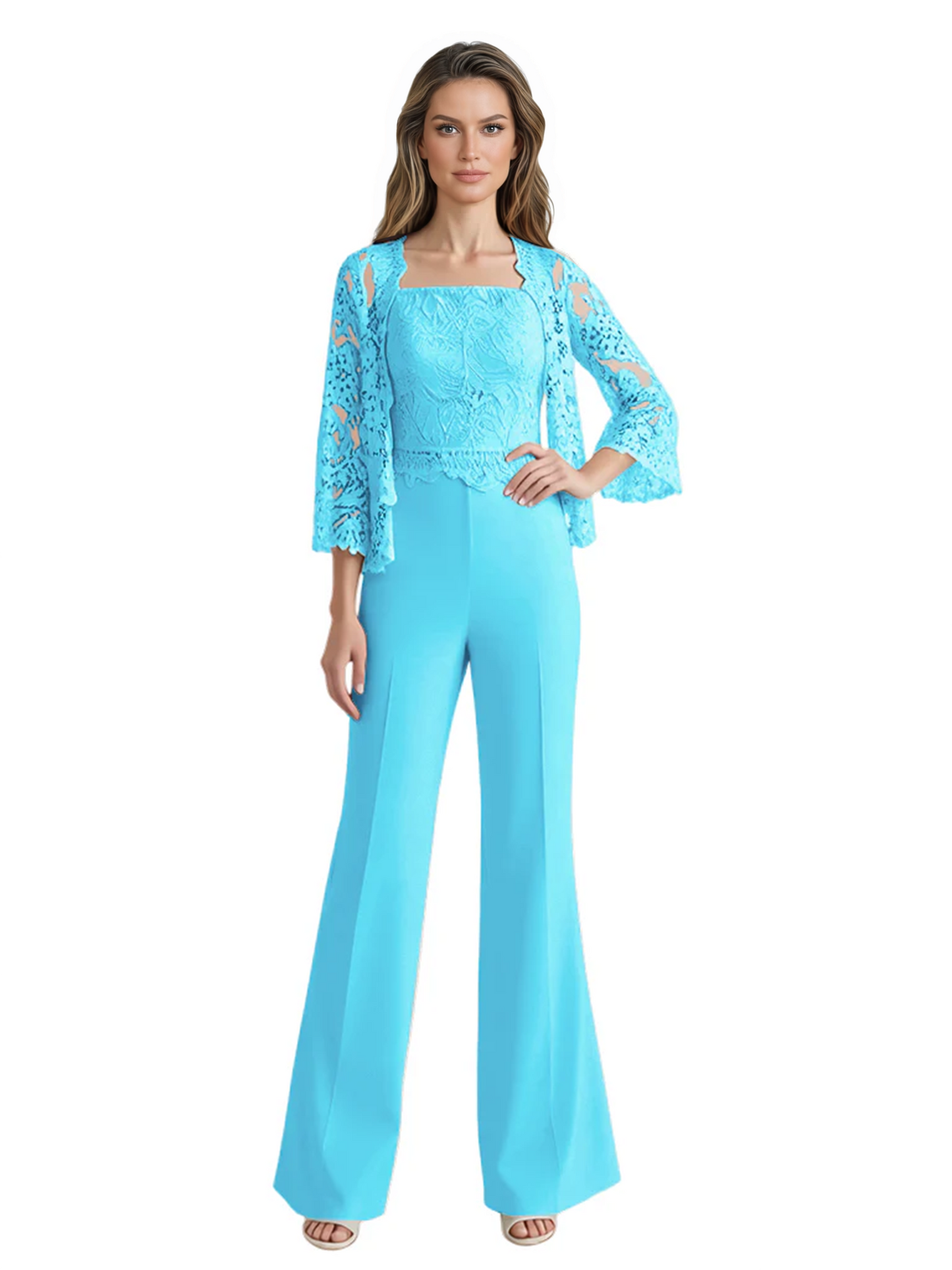 Mother of the Bride Jumpsuit with Lace Jacket 3/4 Sleeve Formal Pant Suit