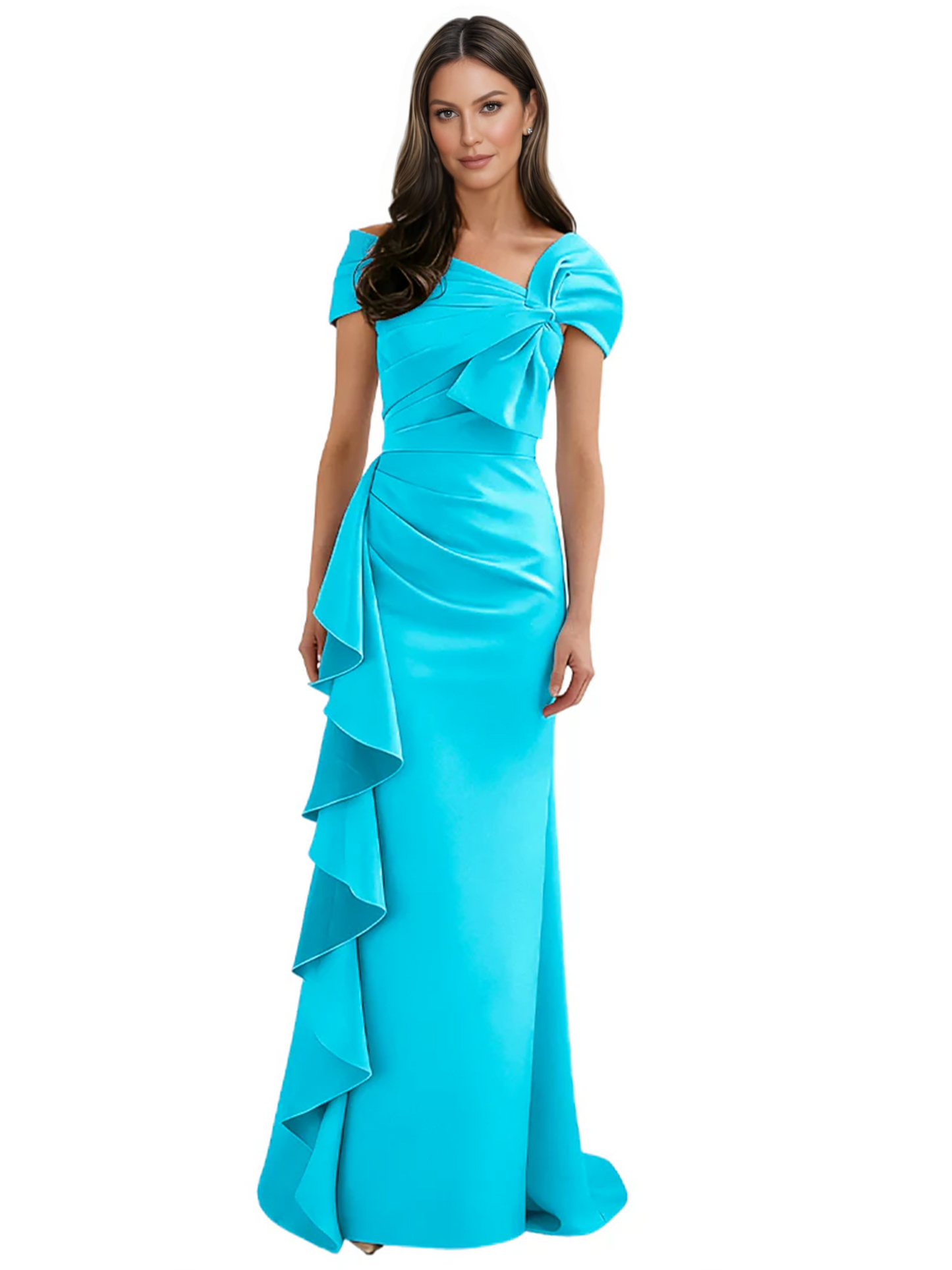Elegant Mother of Bride Dress Formal Gowns Mermaid Ruffle Floor Length Asymmetric Neckline