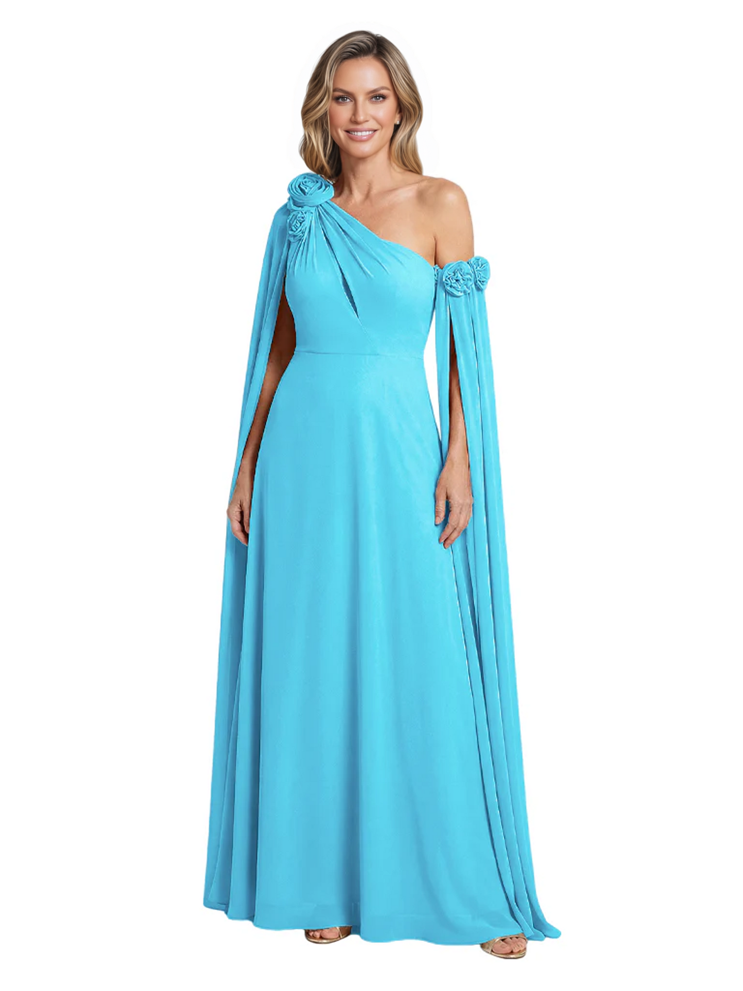 One Shoulder Mother of the Bride Dress Asymmetrical Cape Sleeve Gown with Floral