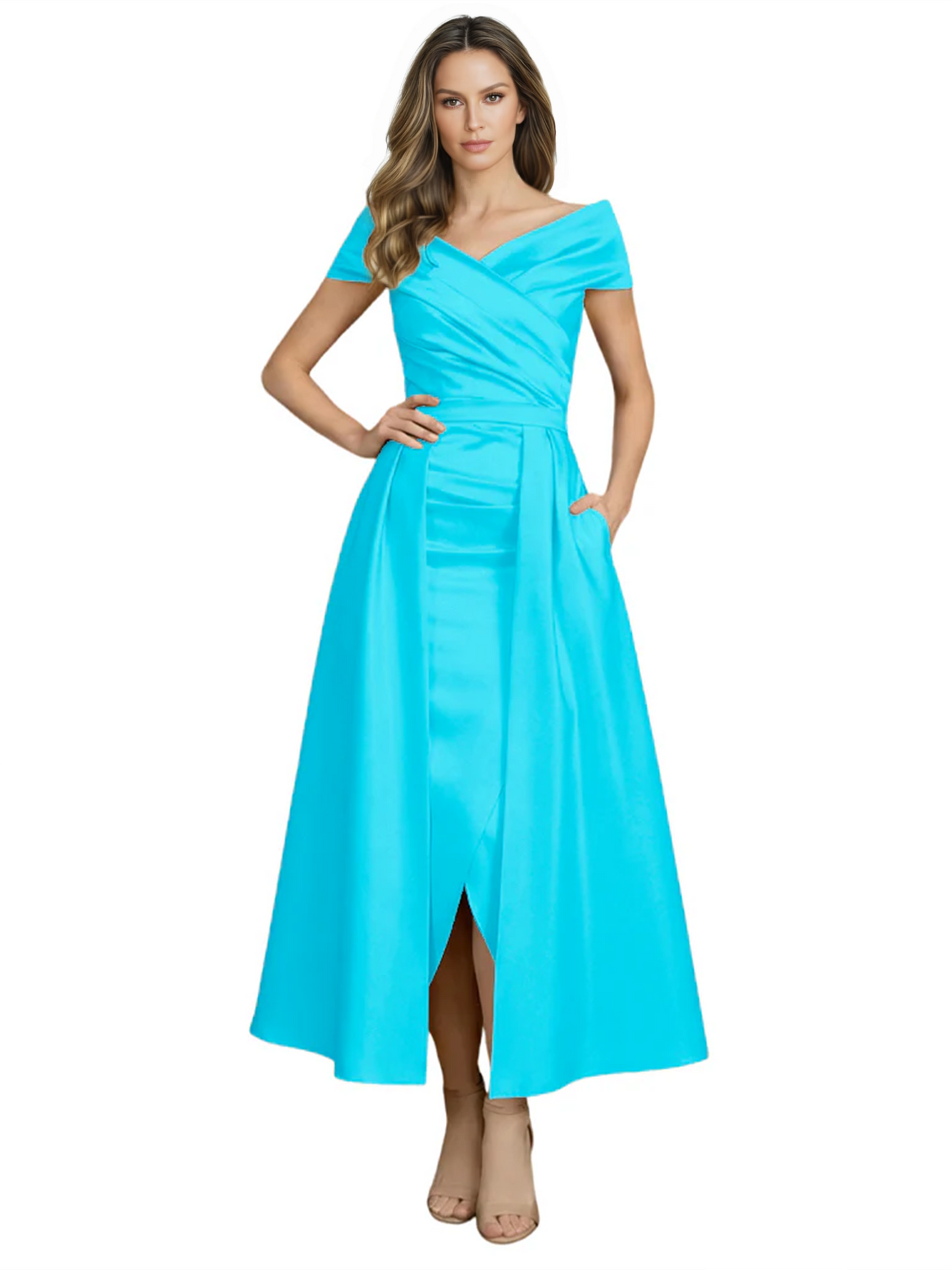 Formal Floor-Length Mother of the Bride Gown Satin Maxi Dress with Slit Off Shoulder