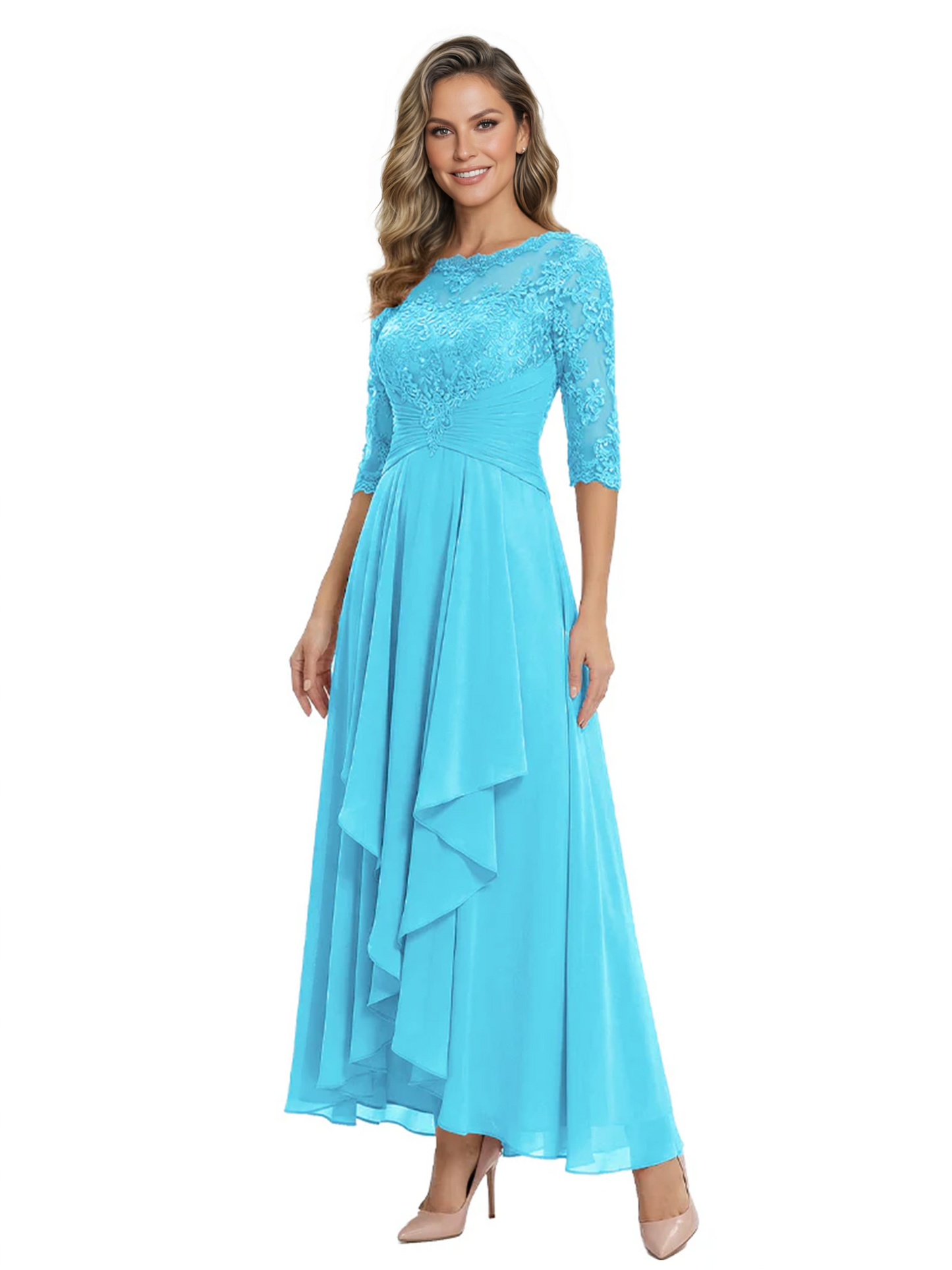 3/4 Sleeve Mother of the Bride Dress with Lace Embroidery High-Low Hem 2026