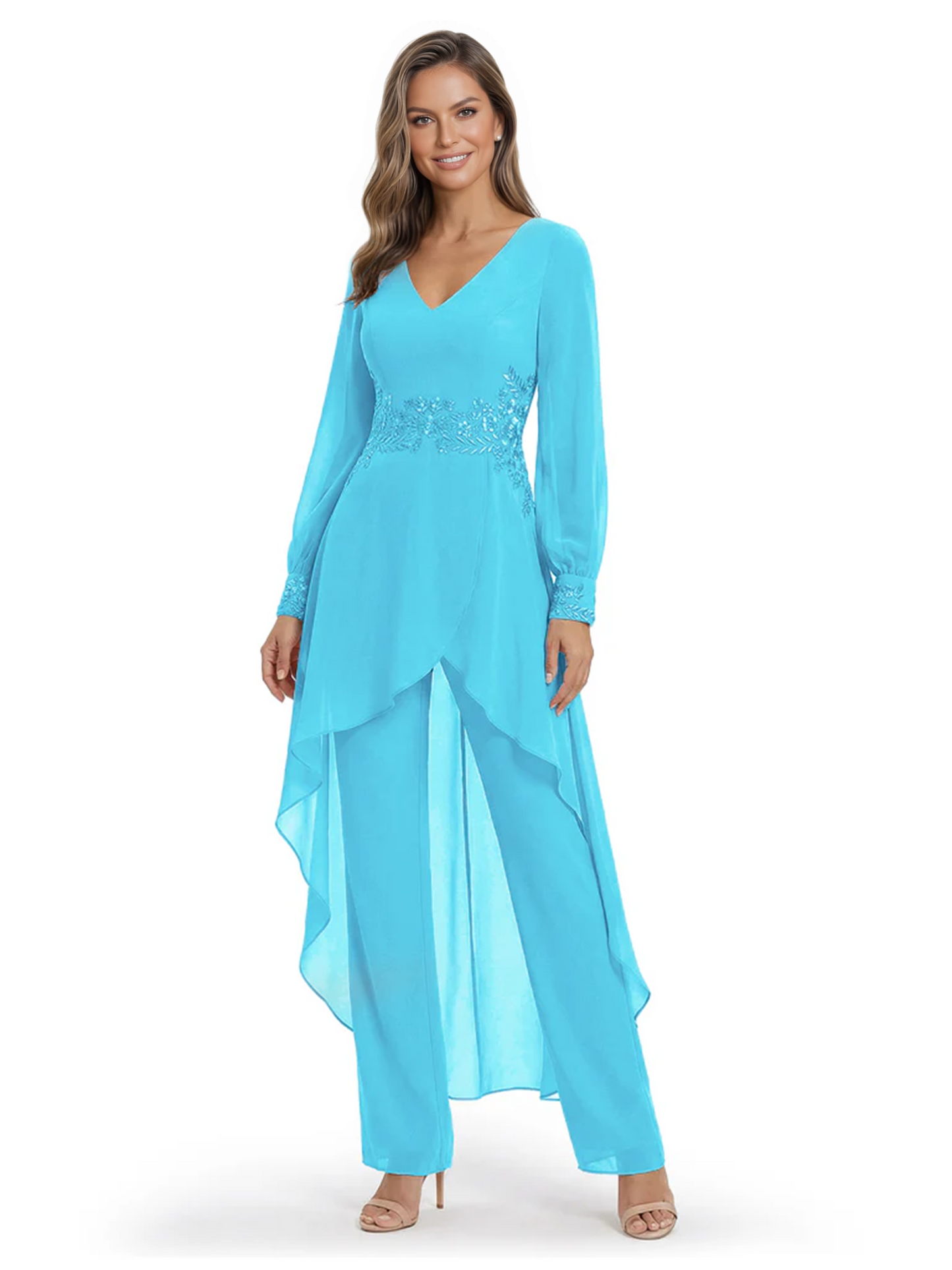 Luxury Black Formal Trousers Set High-Low Chiffon Top with Sparkling Beaded Detail