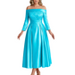 Off Shoulder Mother of the Bride Dress Tea-Length Satin Gown with Lace Applique