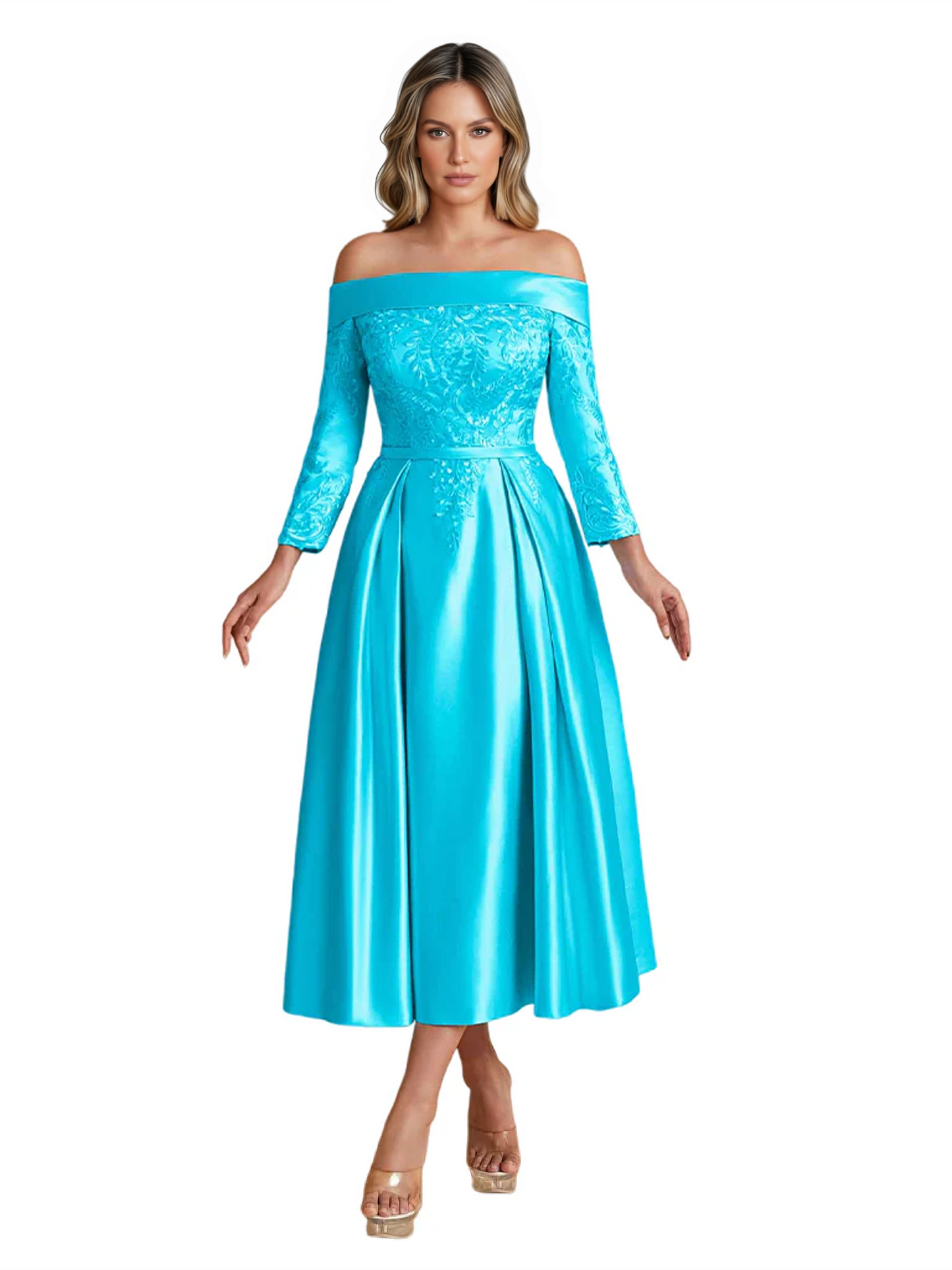 Off Shoulder Mother of the Bride Dress Tea-Length Satin Gown with Lace Applique
