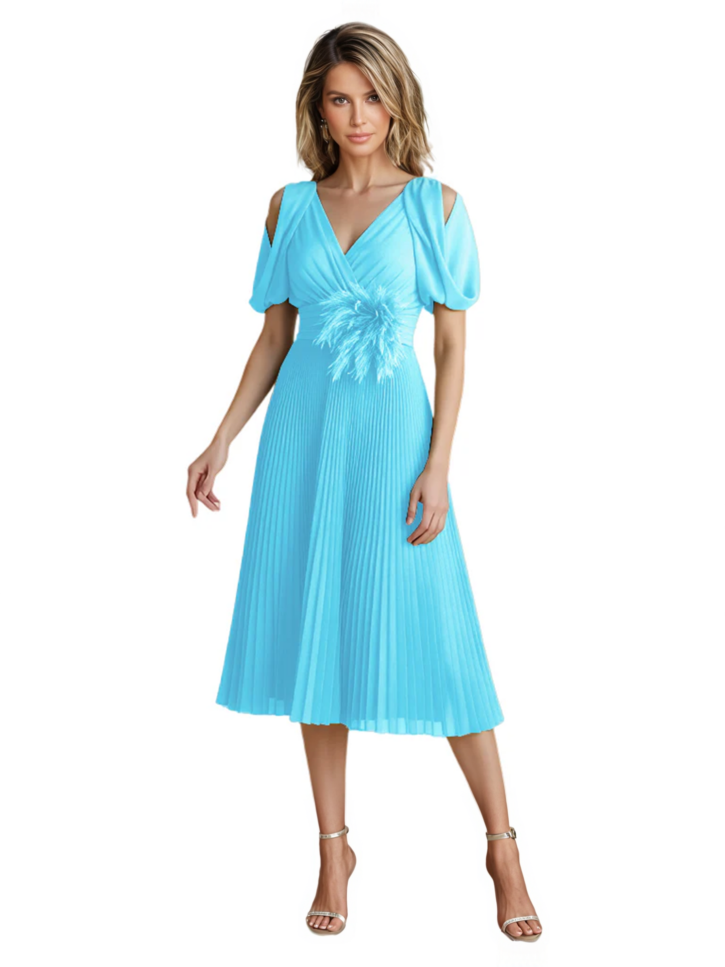 Wedding Formal Dress V-Neck Pleated Chiffon Gown with 3D Flower Accent Knee Length