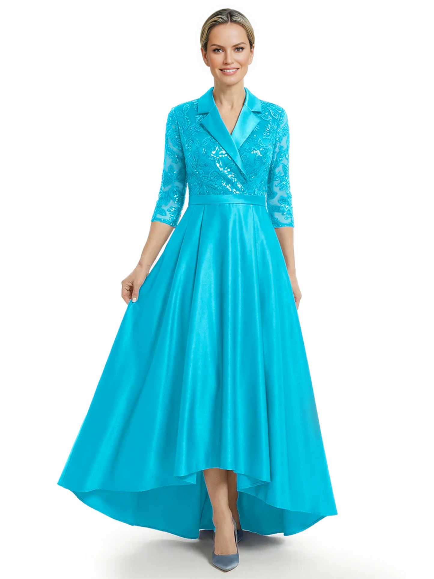 Elegant Mother of Bride Dress Evening Gowns Trending Styles with Lapel Collar 3/4 Sleeves
