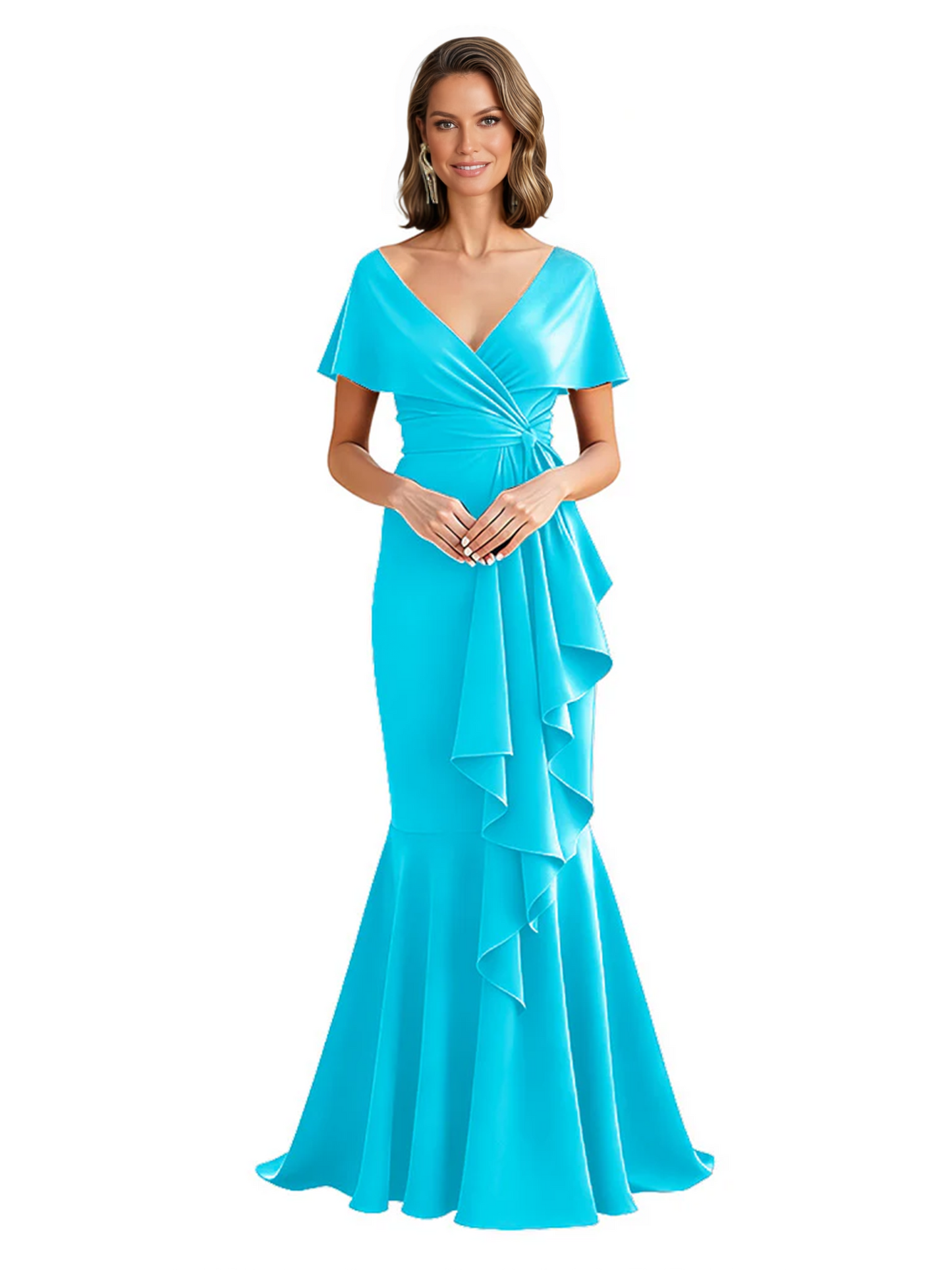 Satin Mother of the Bride Dress with Cascading Ruffles and Mermaid Tail V-Neck
