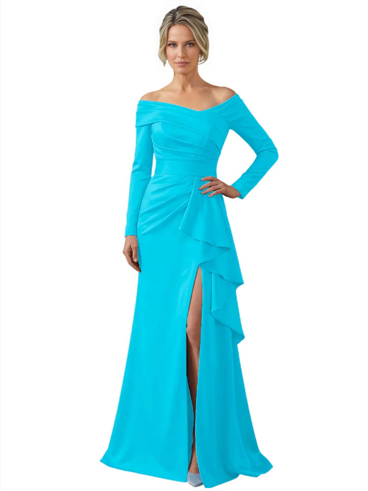 Elegant Mother of the Groom Dress Cascading Ruffle Satin Gown with High Slit Long Sleeves