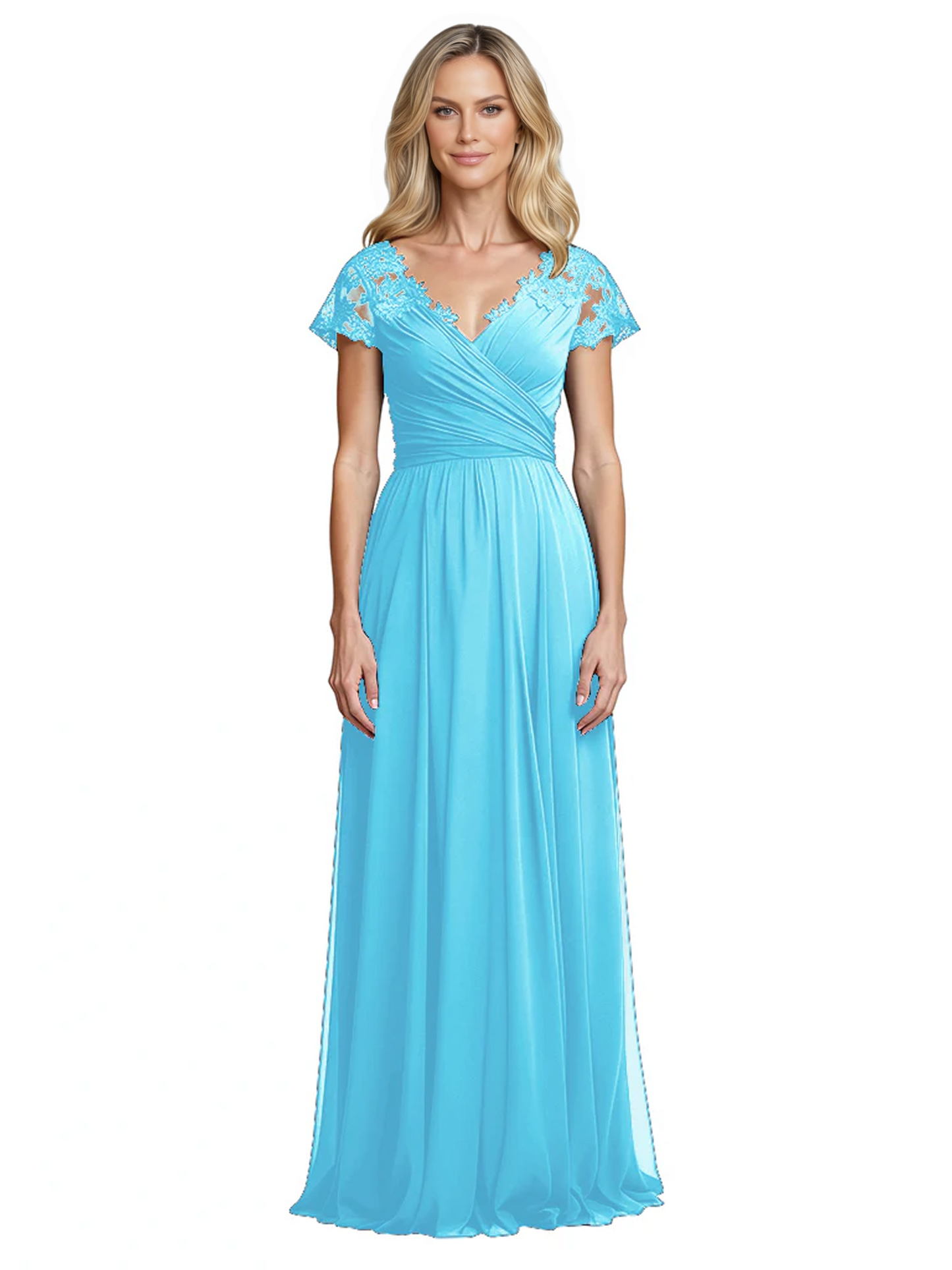 Mother of the Bride Dress Cap Sleeves and V-Neckline with Embroidered Lace Shoulders