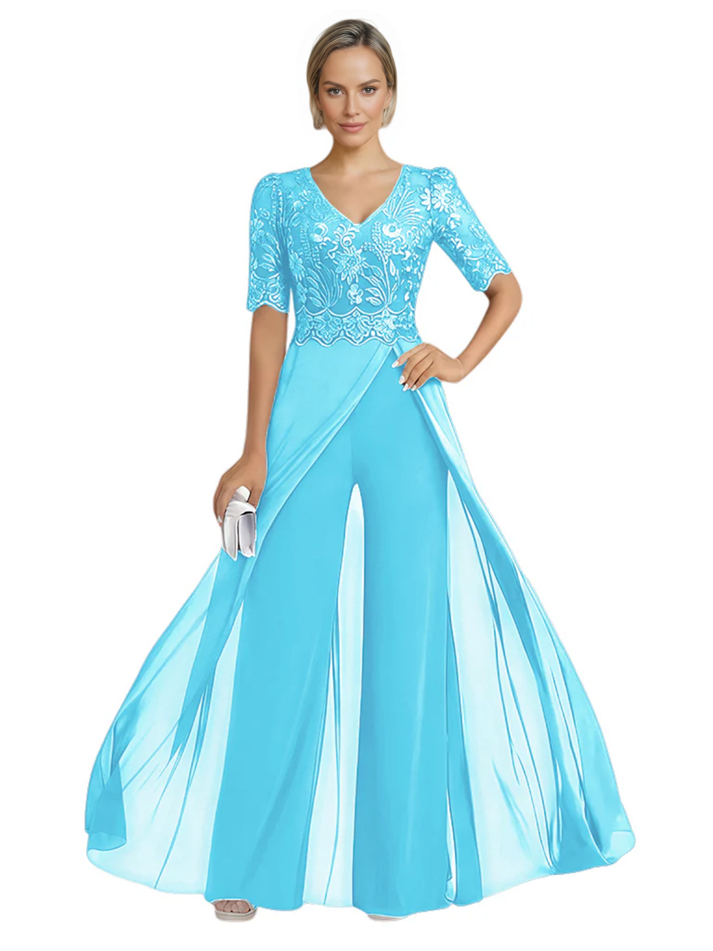 V-Neck Chiffon Mother of the Brides Jumpsuits Dresses Floor Length A-Line Lace