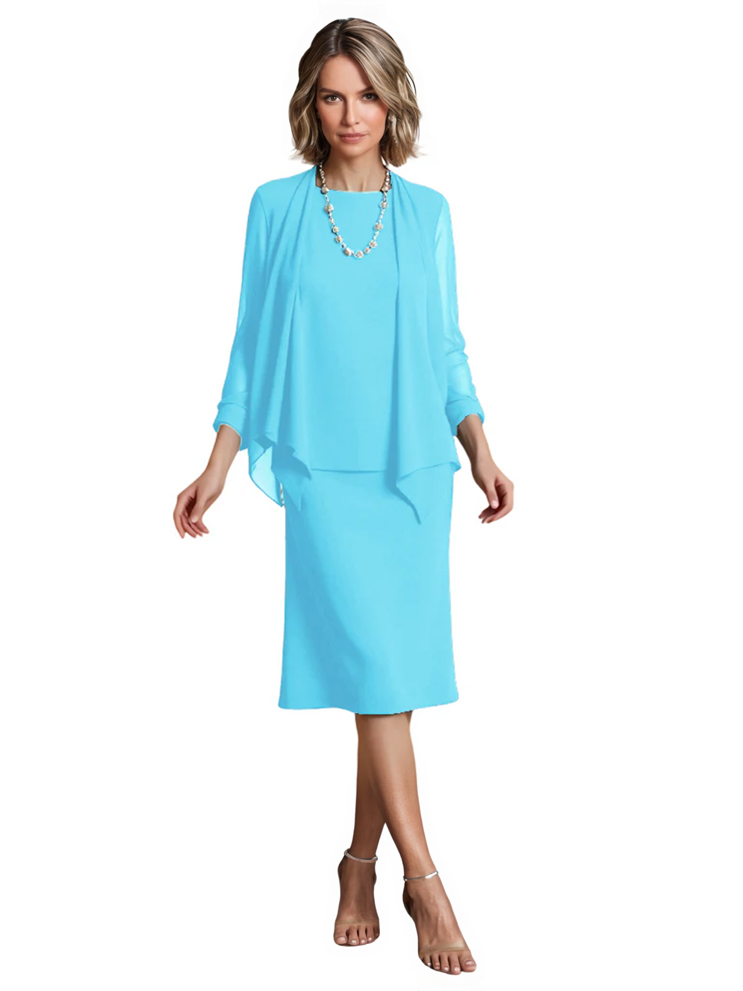3 PCS Knee-Length Mother of Bride Dresses Prom Dress Evening Dress with Sheer Sleeves and Jacket