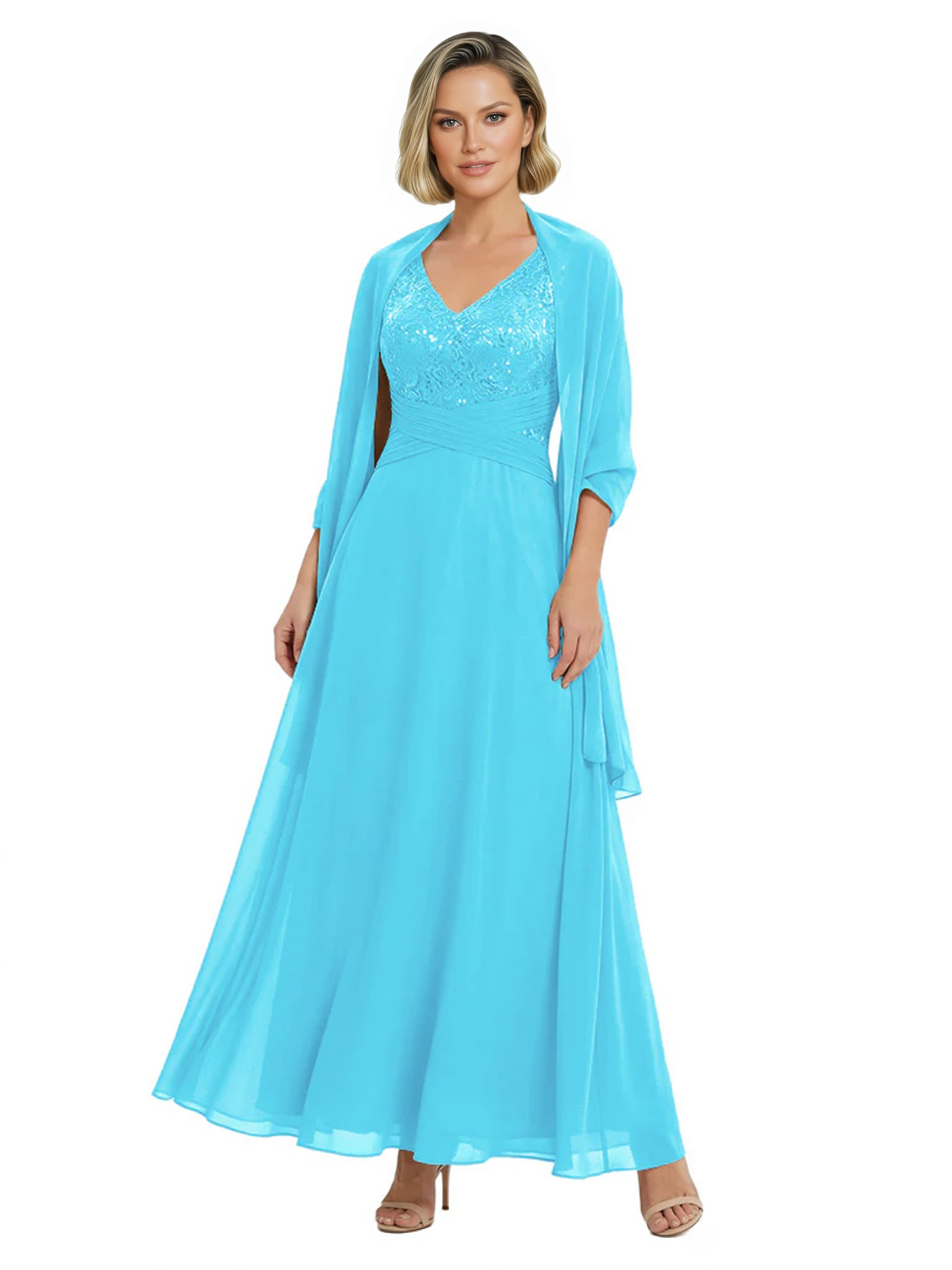 Luxury Formal Mother of Bride Dress Sparkling Sequin Top & Flowy Chiffon Skirt with Shawl