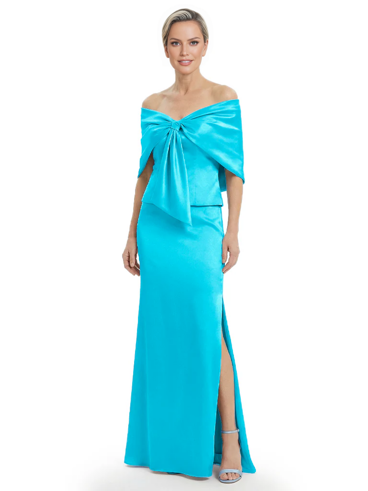 Formal Floor-Length Mother of the Bride Gown Satin Maxi Dress with Bow Neckline