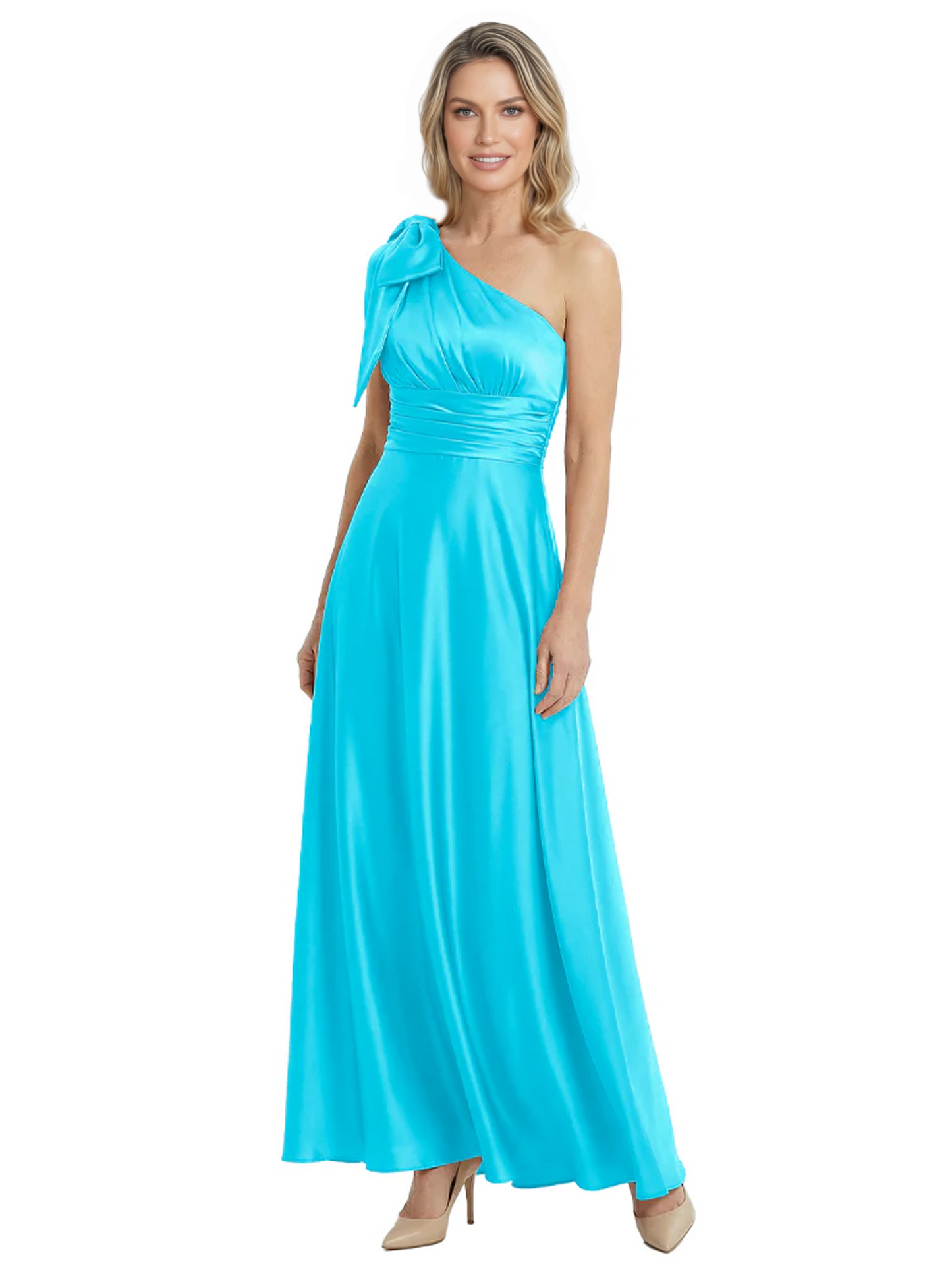 One-Shoulder Mother of the Bride Dress Satin Gown with Bow Ruched Empire Waist