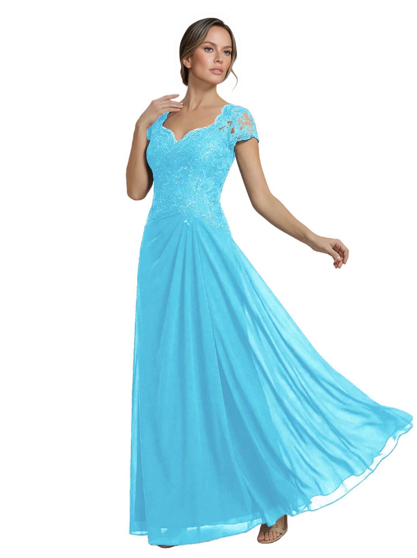 Long A-line Chiffon Short Sleeves Mother of the Brides Dresses Lace Wedding