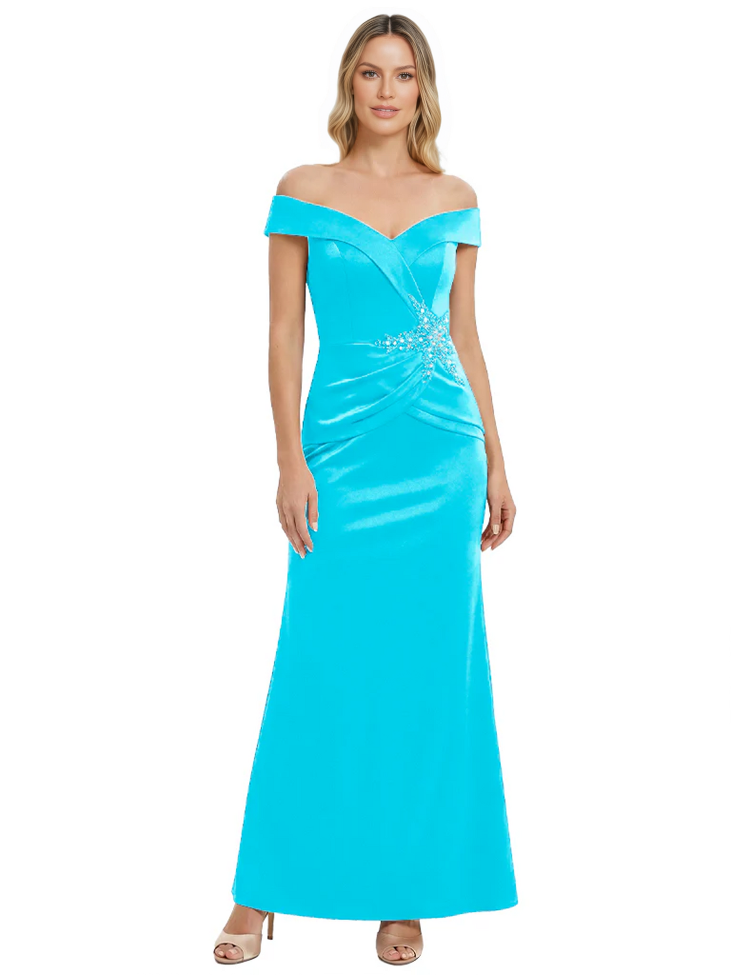 Off Shoulder Mother of the Bride Dress Beaded Waist Satin Gown Portrait Neckline