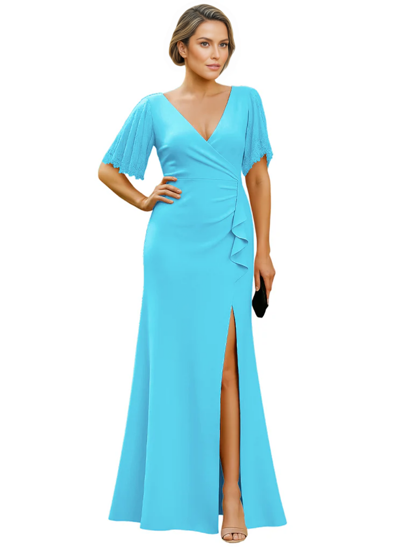 Elegant Evening Gown Trending V-Neck & Ruffle Detail Mother of Bride Outfits Slit