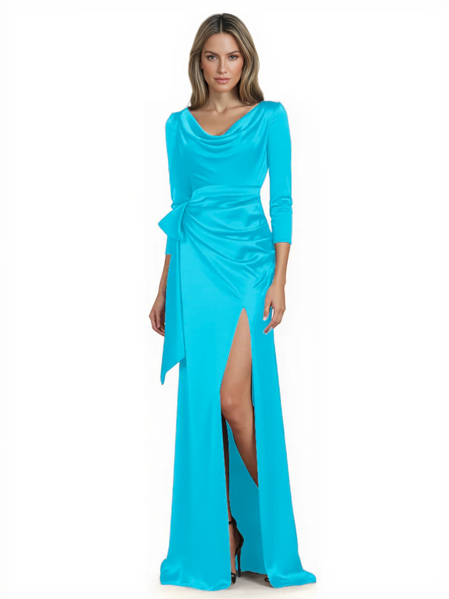 Elegant Evening Gowns Slit Trending Styles Satin Slit Formal Dress Cowl Neckline Gown Tie