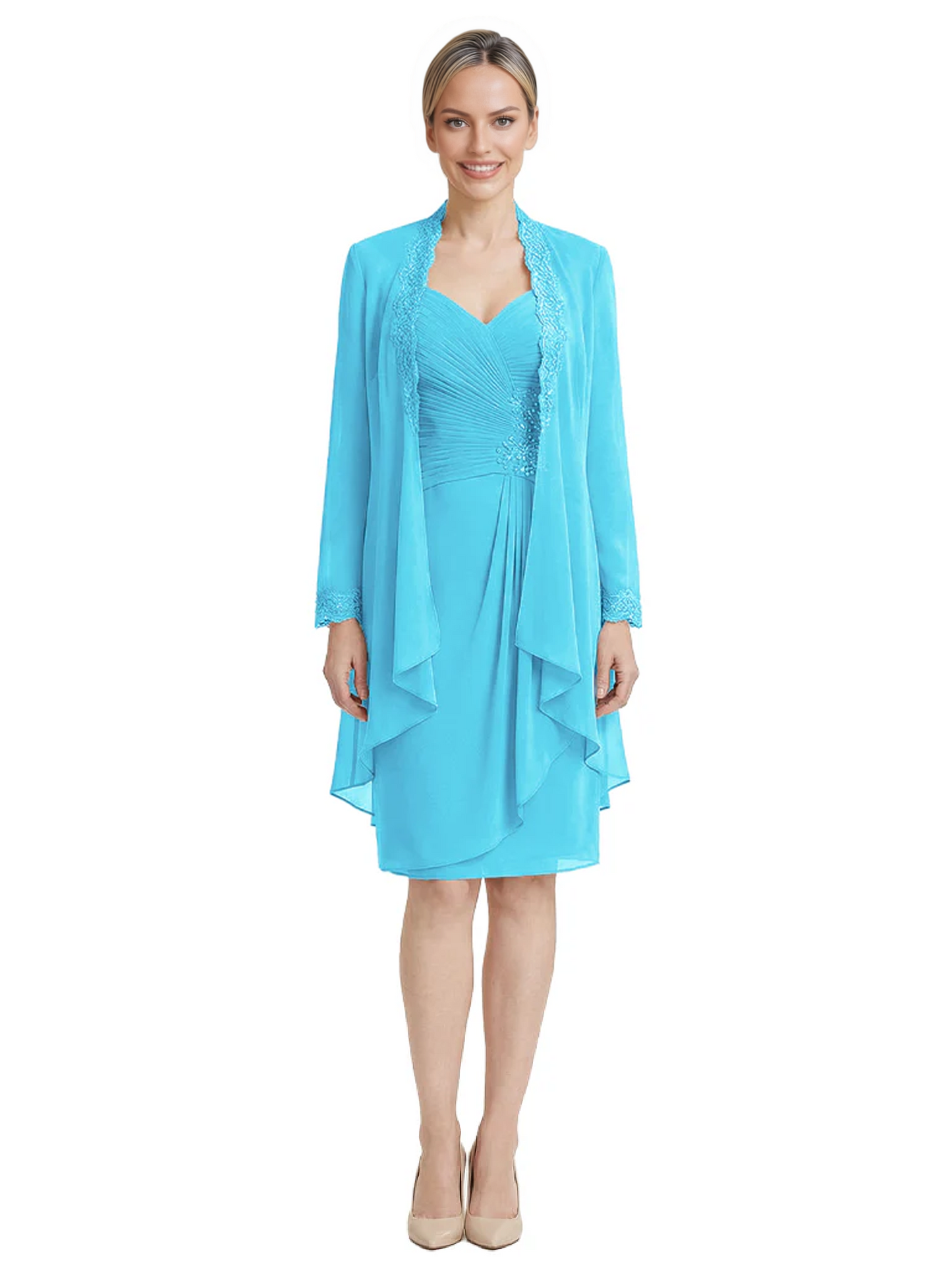 2PCS Knee Length Chiffon Mother of the Brides Dresses Short V-Neck
