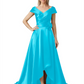 Off Shoulder Mother of the Bride Dress High-Low Satin Gown with Portrait Neckline