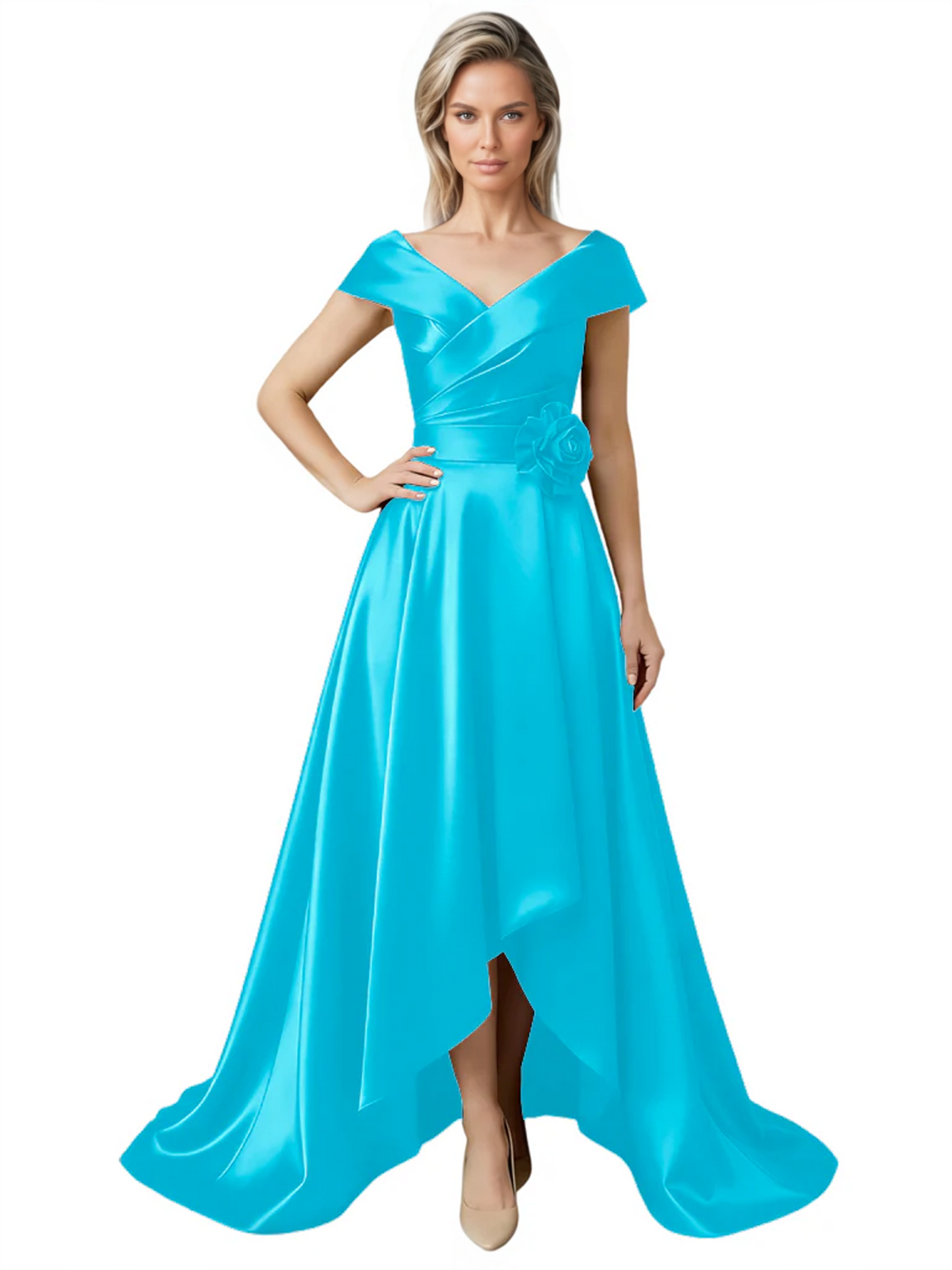 Off Shoulder Mother of the Bride Dress High-Low Satin Gown with Portrait Neckline