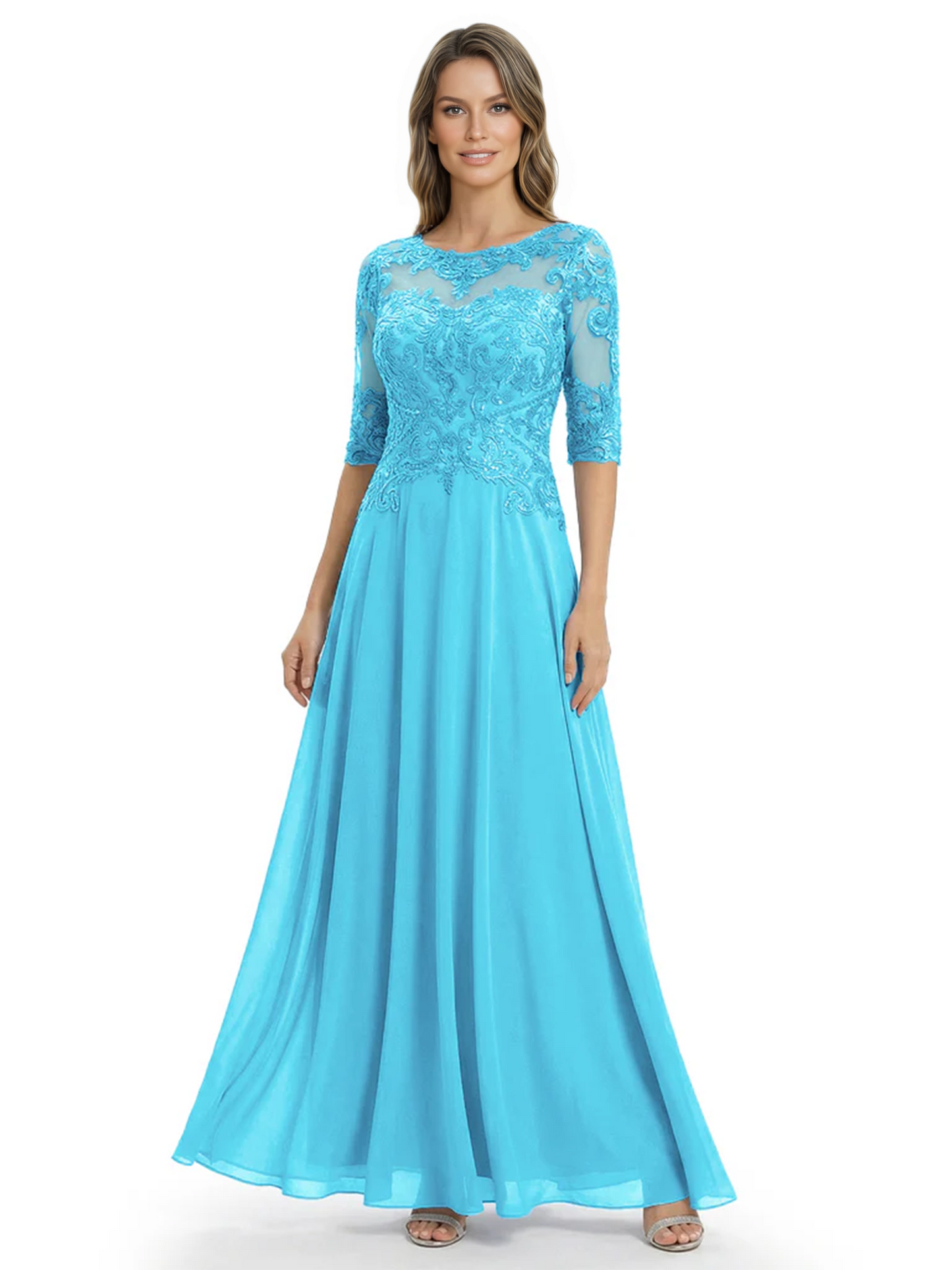 Illusion Neck Mother of the Bride Dress Half Sleeve Lace Applique Gowns Chiffon