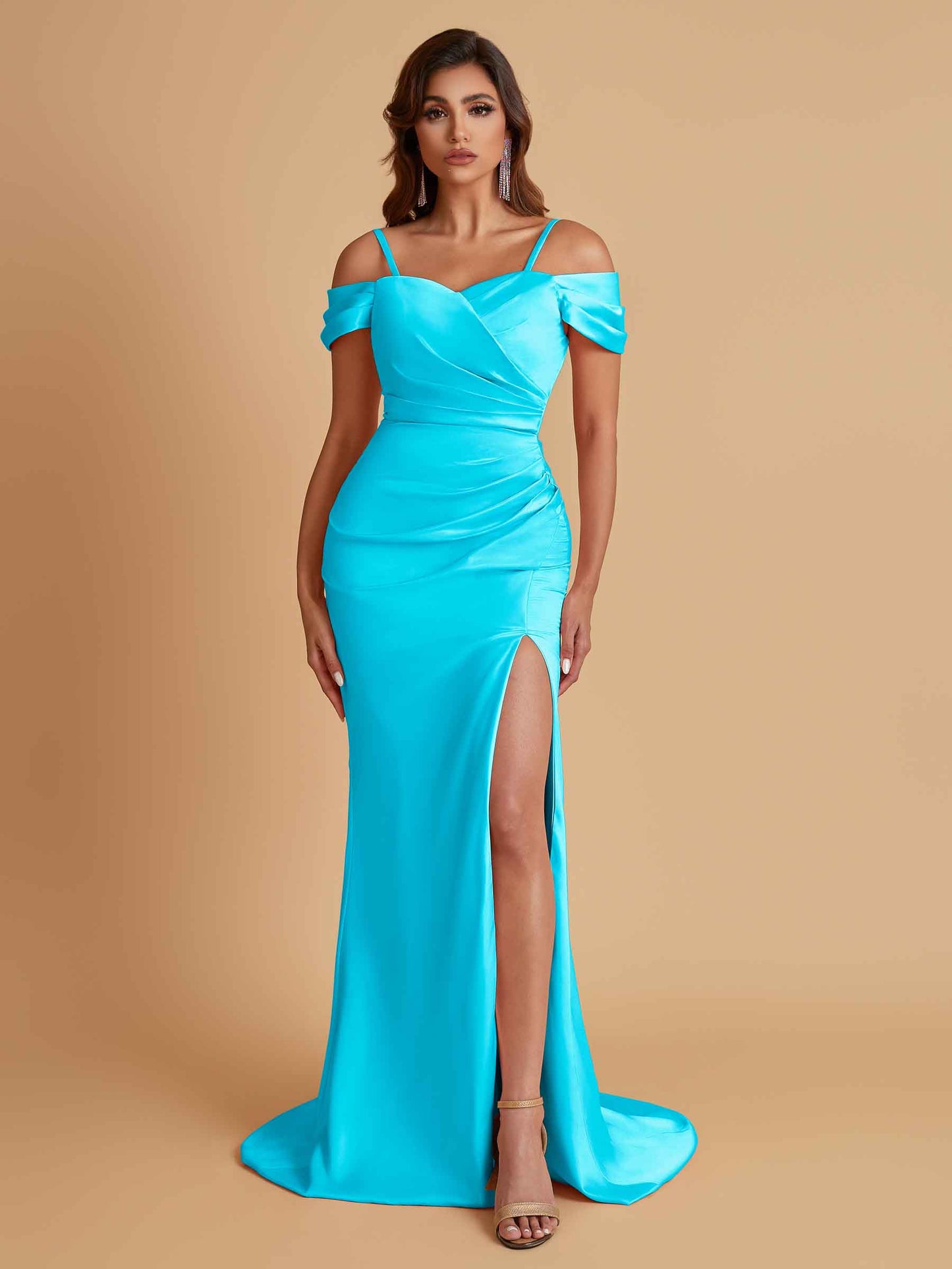 Sexy Soft Satin Mermaid Cold Shoulder Side Slit Floor-Length Bridesmaid Dresses Online