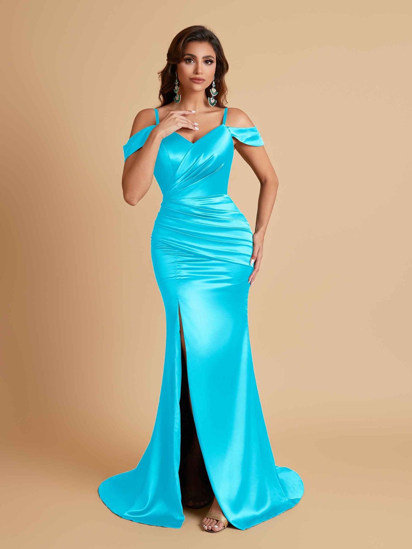 Sexy Soft Satin Mermaid Off Shoulder Side Slit Floor-Length Mermaid Bridesmaid Dresses