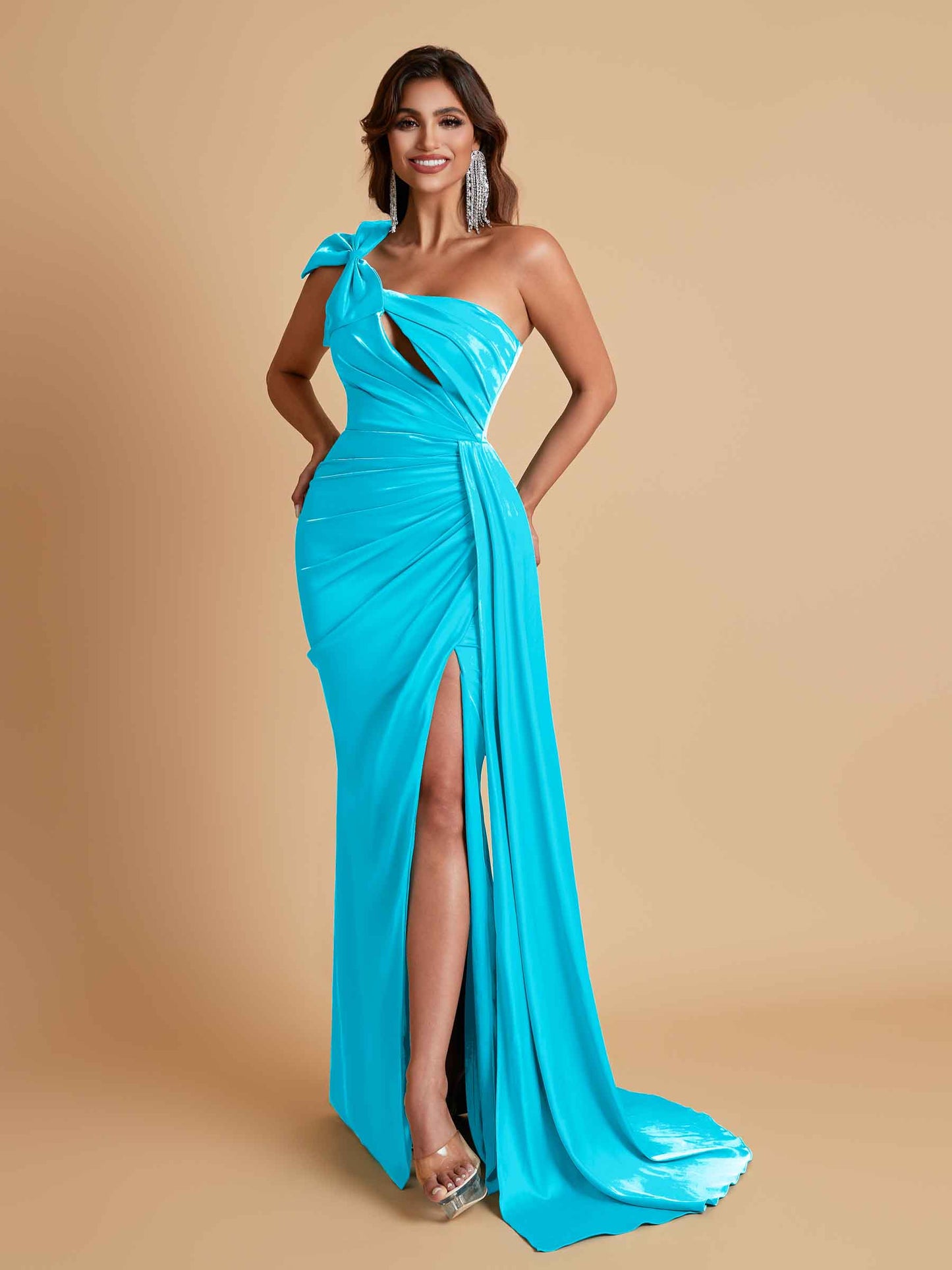 Gorgeous One Shoulder Bow Knot Soft Satin Side Slit Floor-Length Mermaid Bridesmaid Dresses