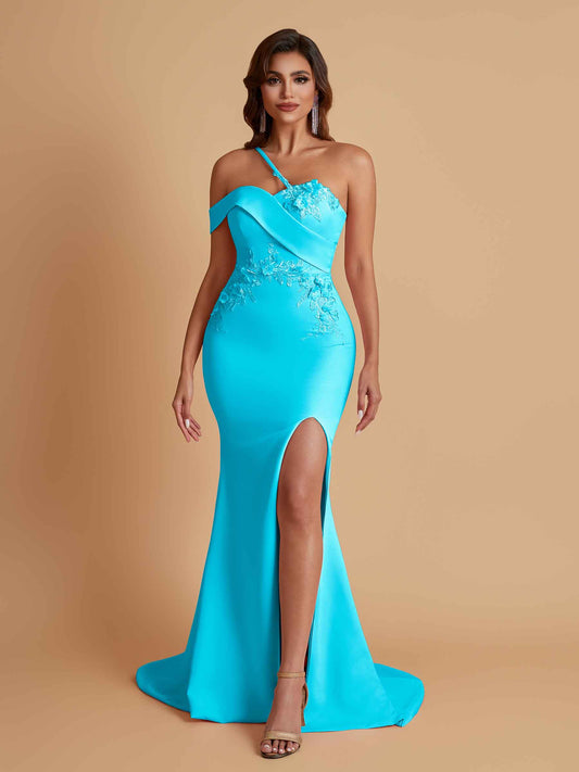 Sexy Soft Satin Mermaid One Shoulder Asymmetrical Side Slit Floor-Length Bridesmaid Dresses