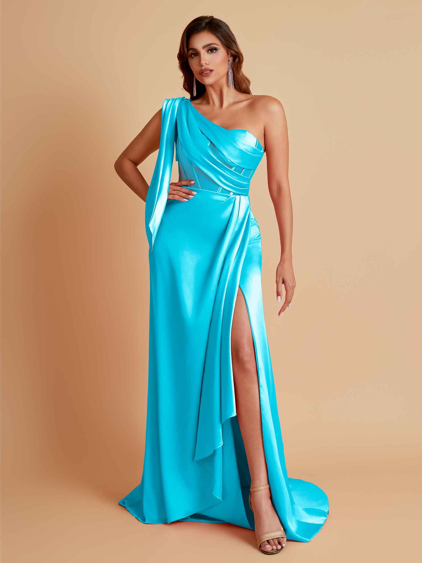 Sexy Soft Satin Mermaid One Shoulder Asymmetrical Side Slit Floor-Length Bridesmaid Dresses