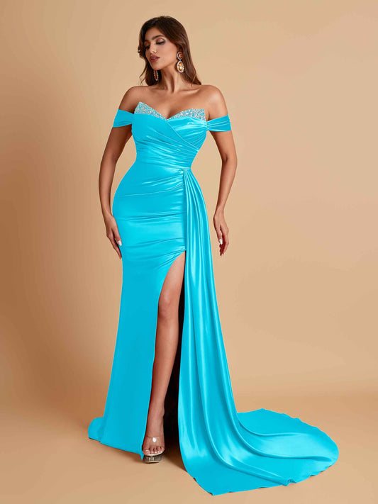 Gorgeous Soft Satin V-neck Off-the-Shoulder Side-Slit Mermaid Bridesmaid Dresses