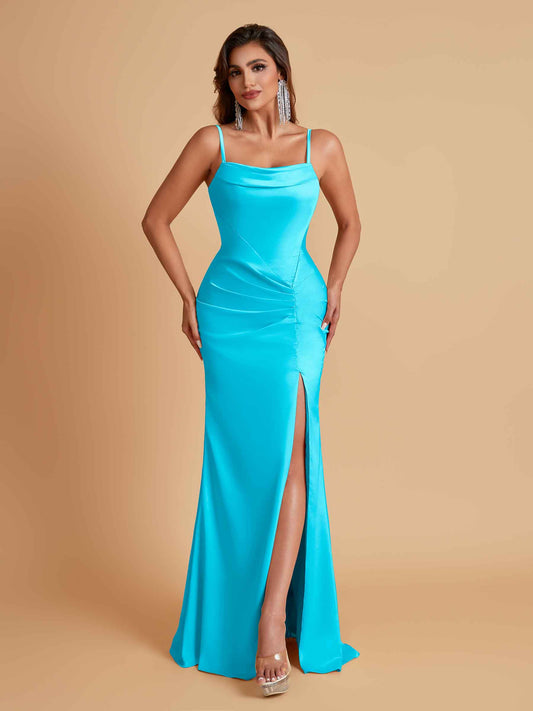 Gorgeous Spaghetti Straps Soft Satin Side Slit Floor-Length Mermaid Bridesmaid Dresses