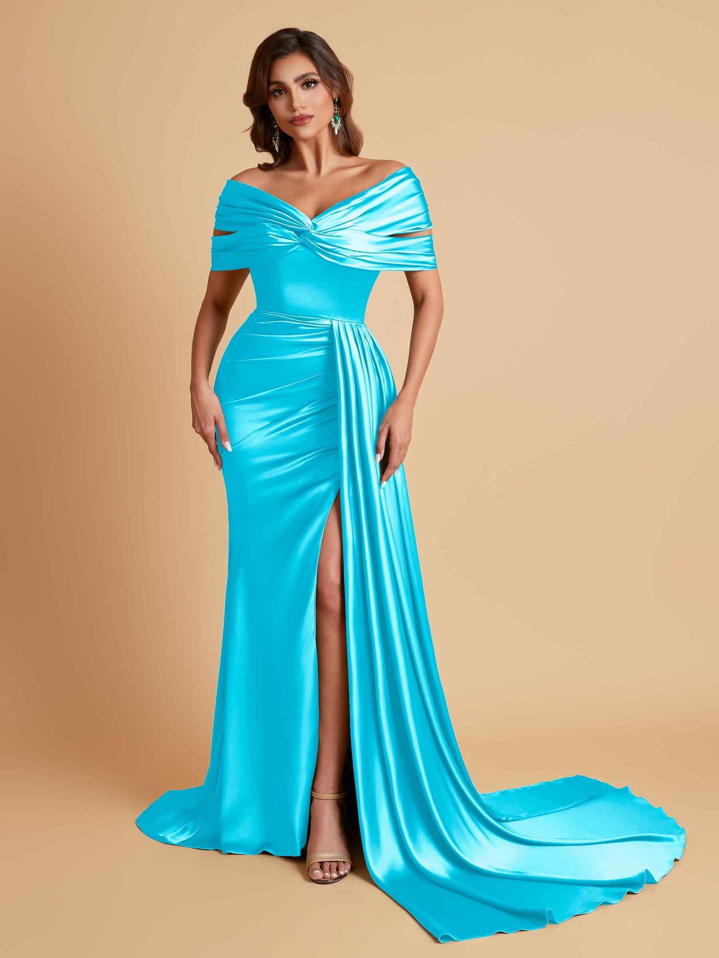 Elegant Soft Satin V-neck Off-the-Shoulder Side-Slit Mermaid Bridesmaid Dresses
