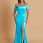 Elegant Soft Satin Mermaid Off Shoulder Asymmetrical Side Slit Floor-Length Bridesmaid Dresses