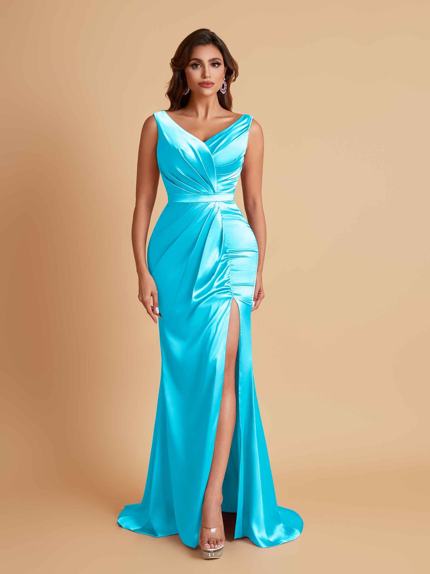 Elegant V Neck Soft Satin Side Slit Floor-Length Mermaid Bridesmaid Dresses