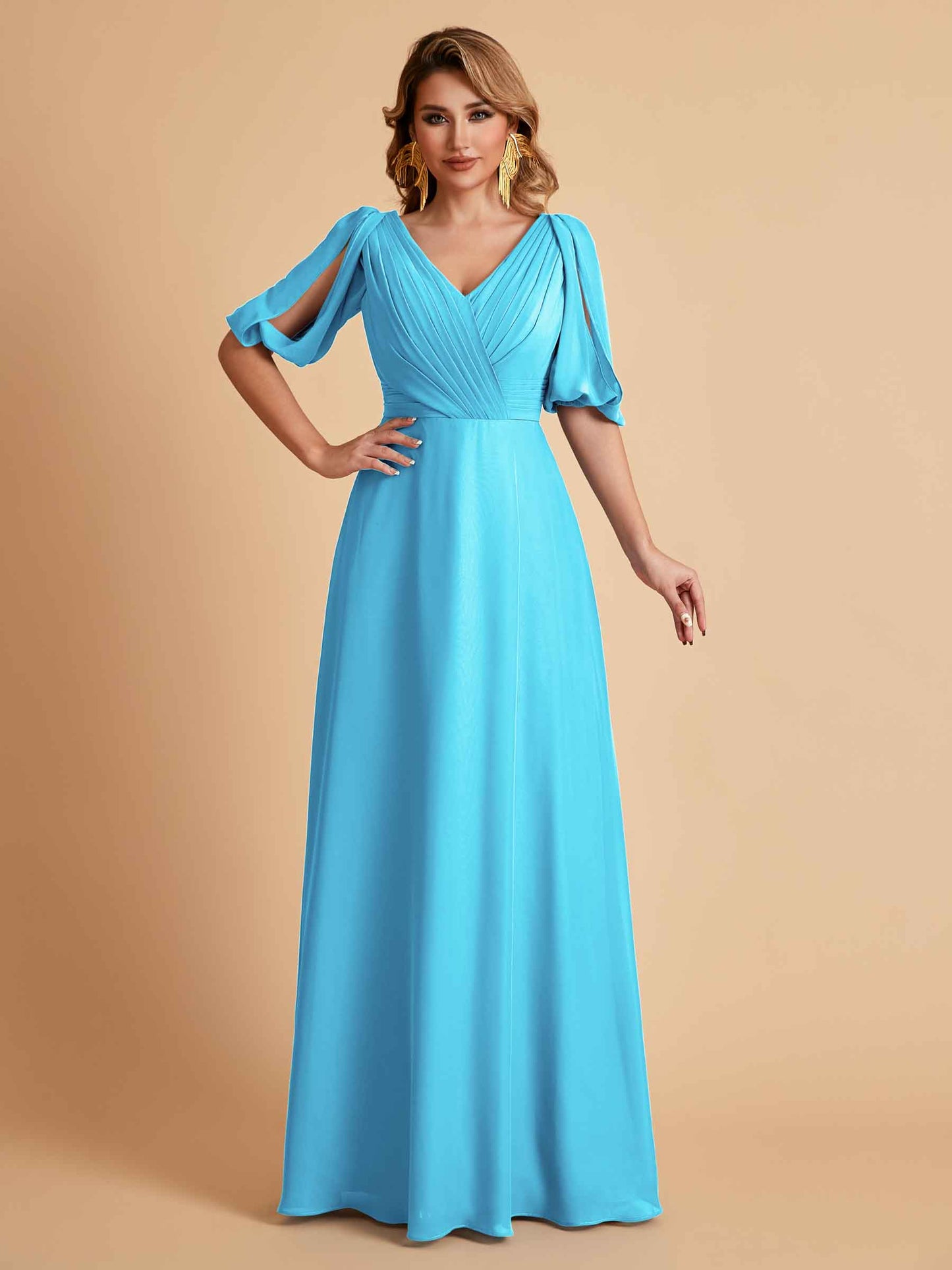 Elegant A-Line Chiffon Half Sleeves V-Neck Mother of the Brides Dresses Online