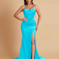 Sexy Spaghetti Straps V Neck Soft Satin Side Slit Floor-Length Mermaid Bridesmaid Dresses