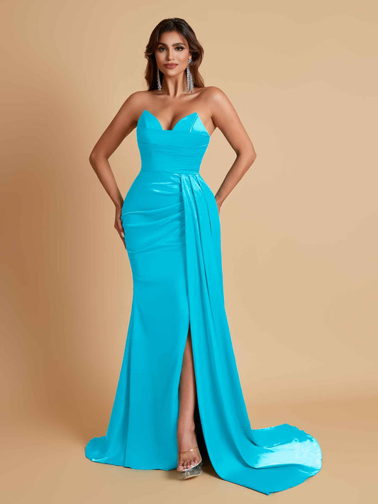 Gorgeous Strapless Soft Satin Side Slit Floor-Length Mermaid Bridesmaid Dresses